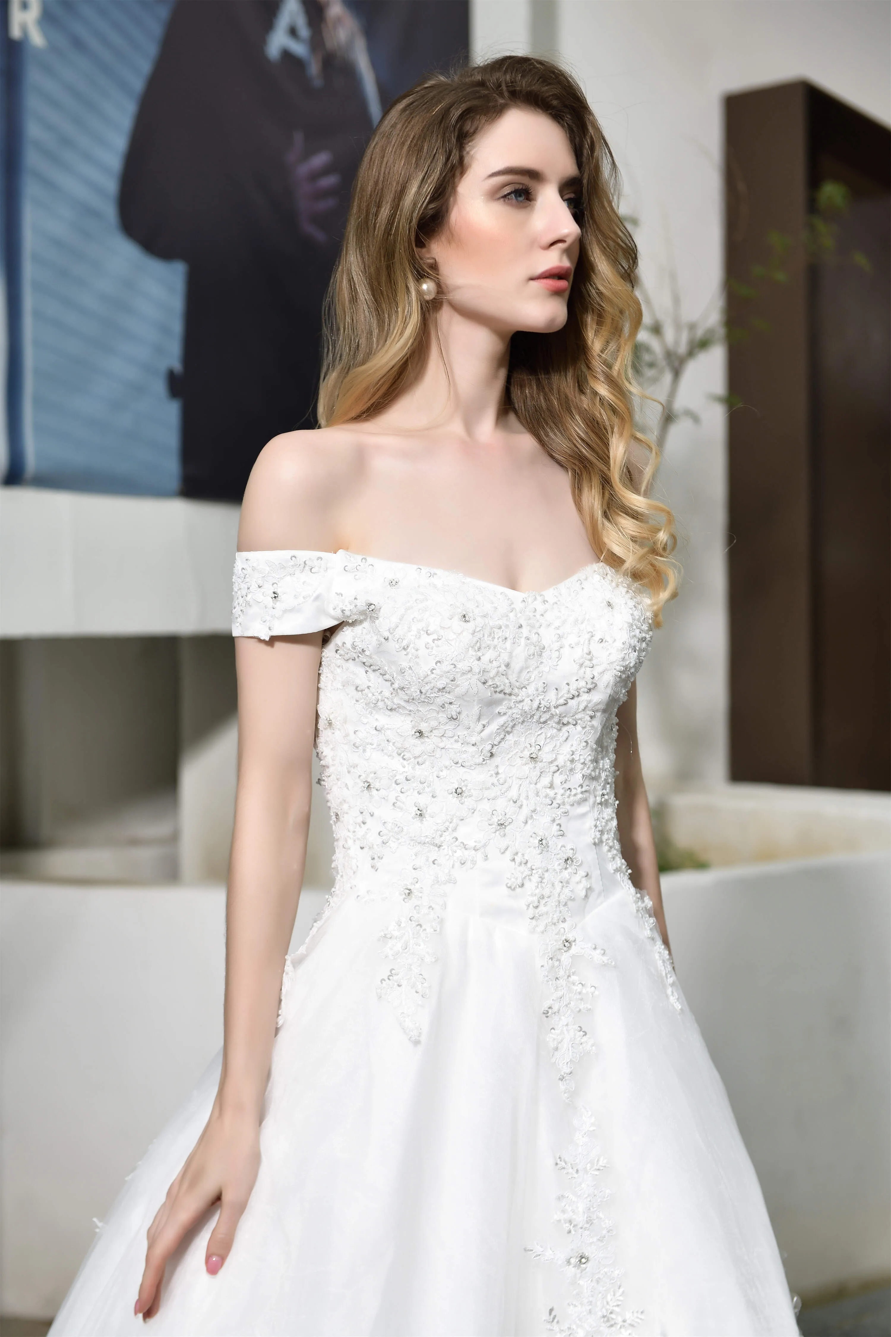 A-line Off the Shoulder Long Wedding Dresses