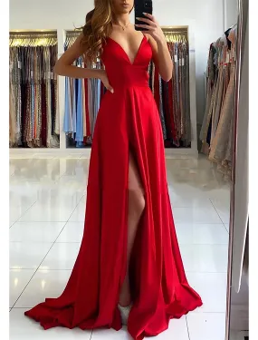 A-Line Prom Dresses Empire Dress Formal Prom Sweep / Brush Train Sleeveless V Neck Imitation Silk Backless with Pleats Slit