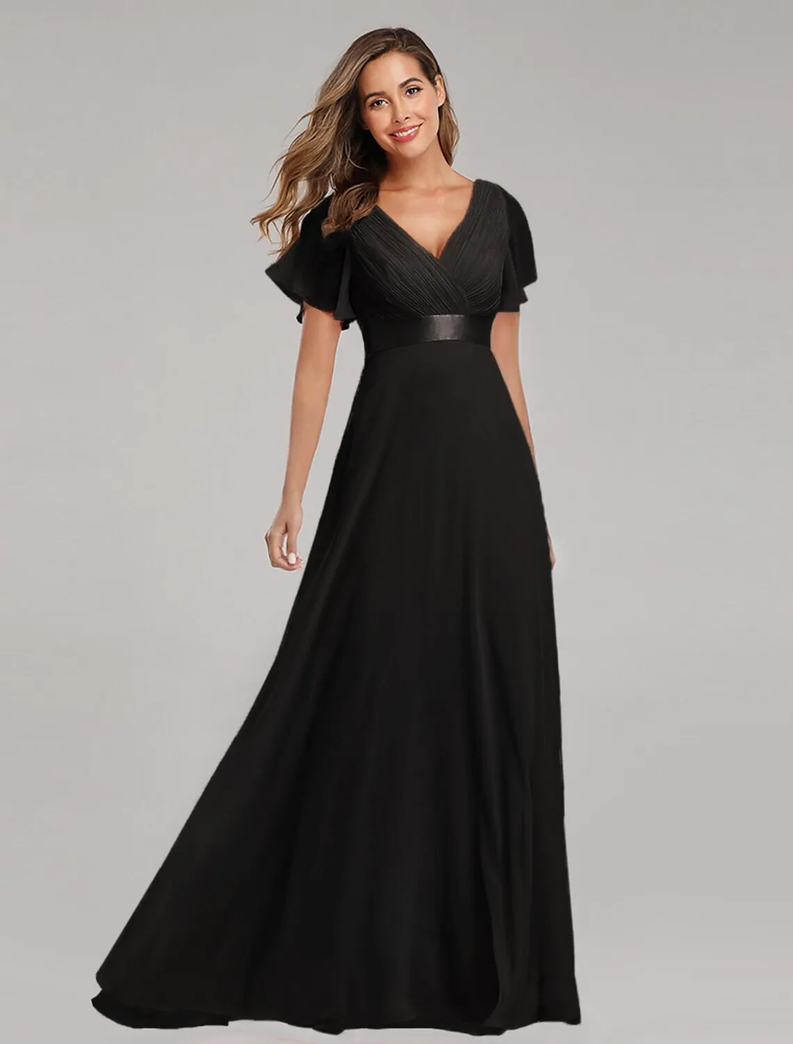 A-Line Prom Dresses Empire Dress Wedding Guest Floor Length Short Sleeve V Neck Chiffon with Pleats