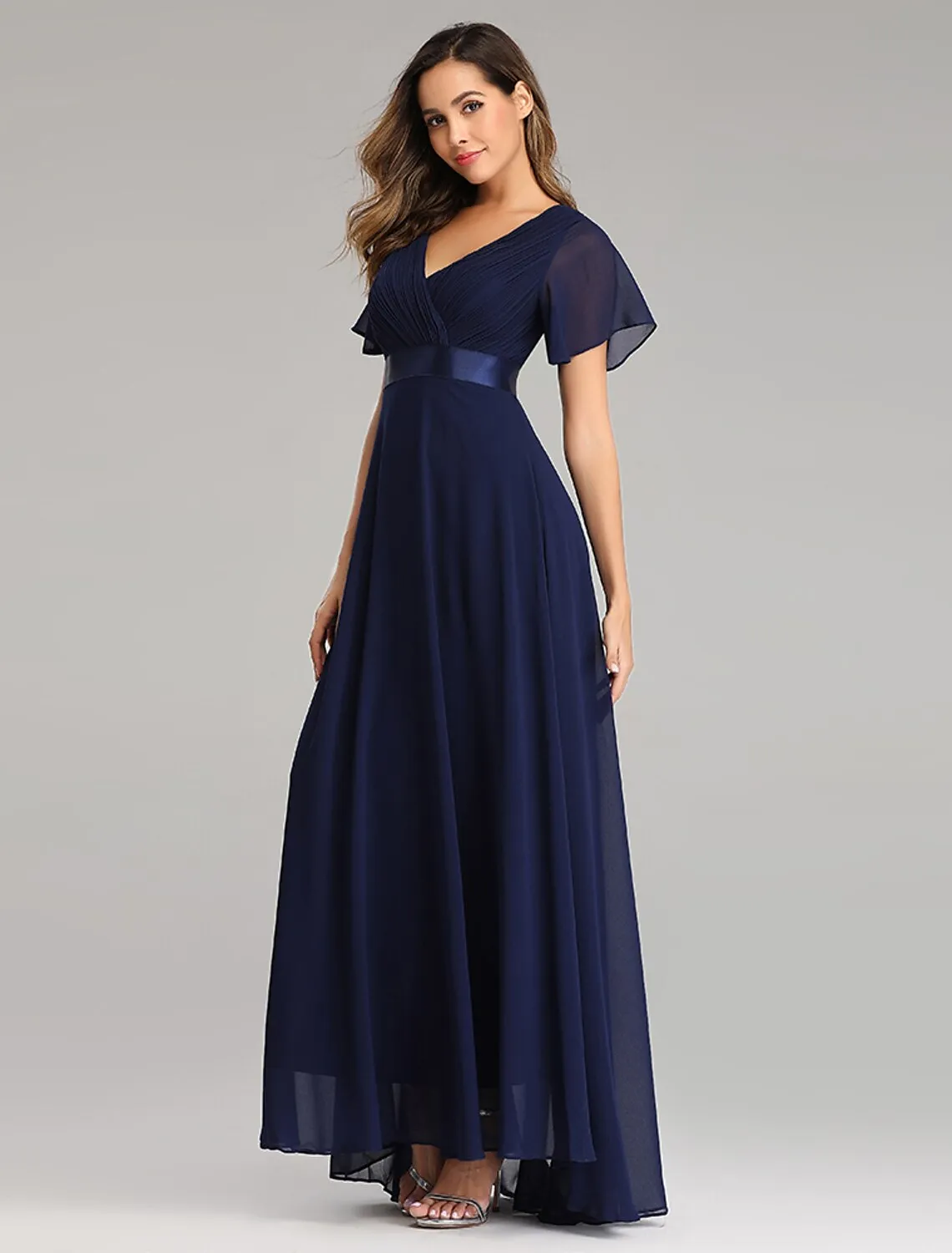 A-Line Prom Dresses Empire Dress Wedding Guest Floor Length Short Sleeve V Neck Chiffon with Pleats