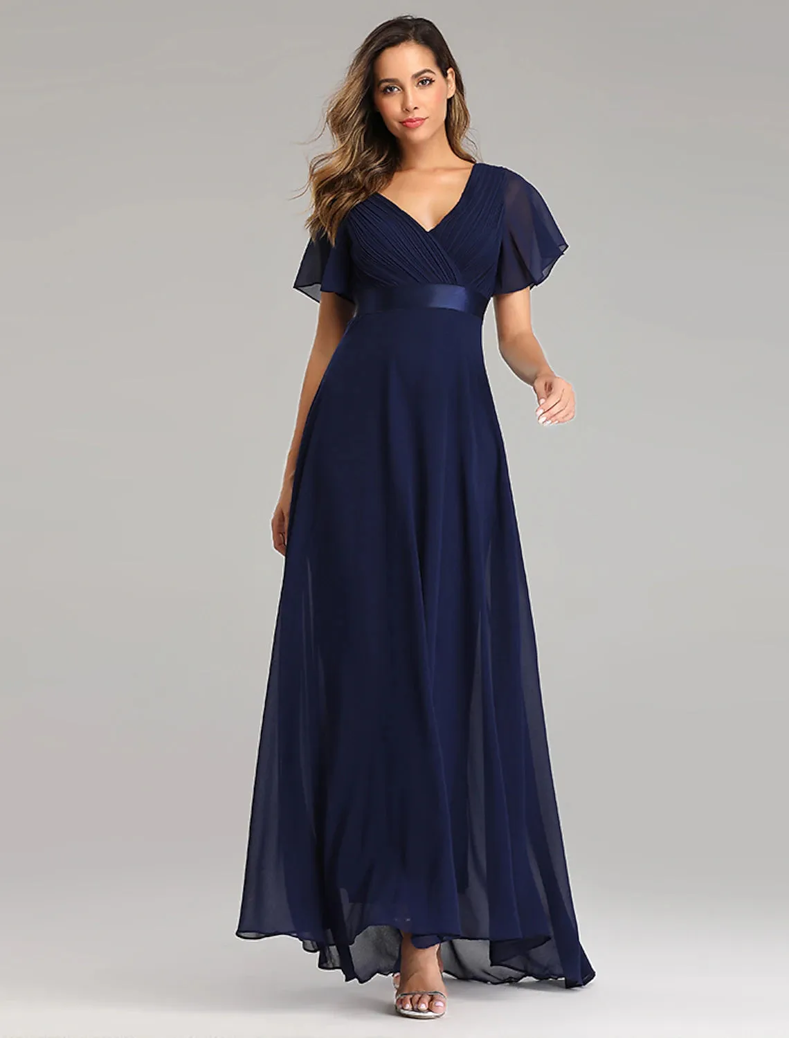 A-Line Prom Dresses Empire Dress Wedding Guest Floor Length Short Sleeve V Neck Chiffon with Pleats