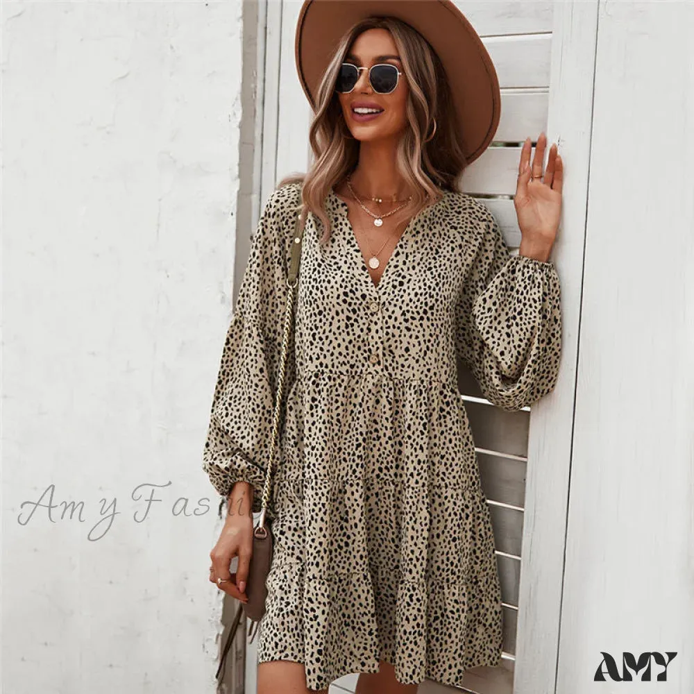 Amy Fashion - Casual V Neck Button Full Sleeve Dot Mini Dresses