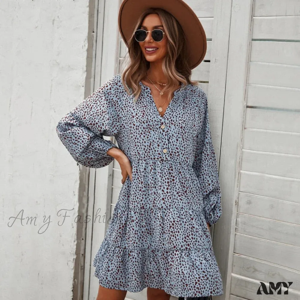 Amy Fashion - Casual V Neck Button Full Sleeve Dot Mini Dresses