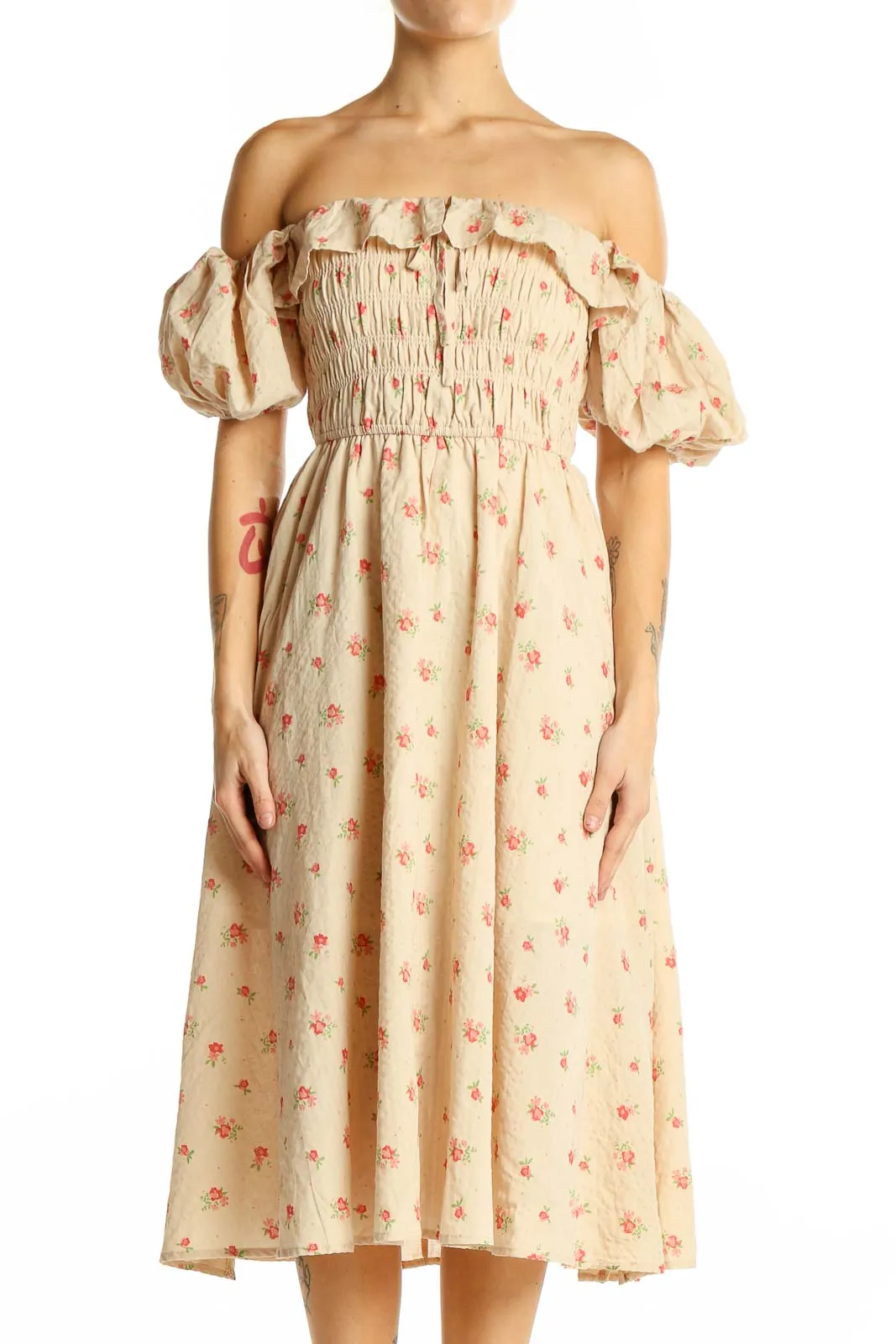 Beige Floral Off-Shoulder Midi Dress