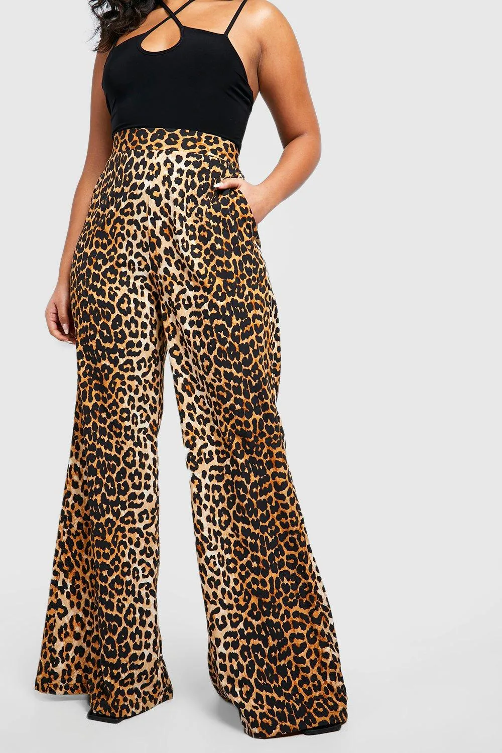 Boohoo leopard print wide leg plus trousers, brown