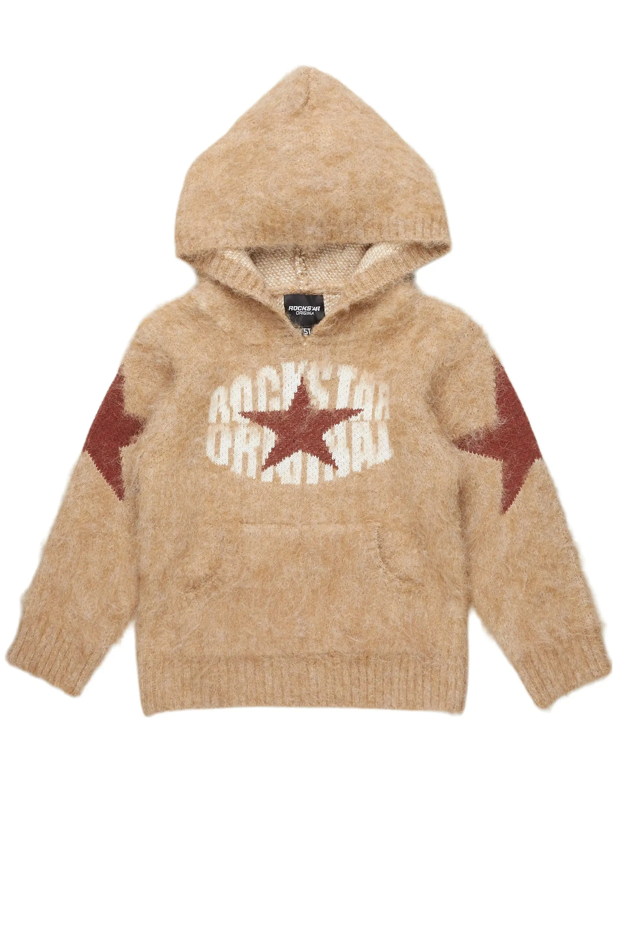 Boys States Brown Graphic Knitted Mohair Hoodies