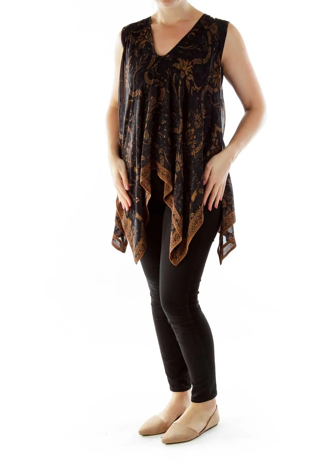 Brown Black Floral Print Layered Blouse