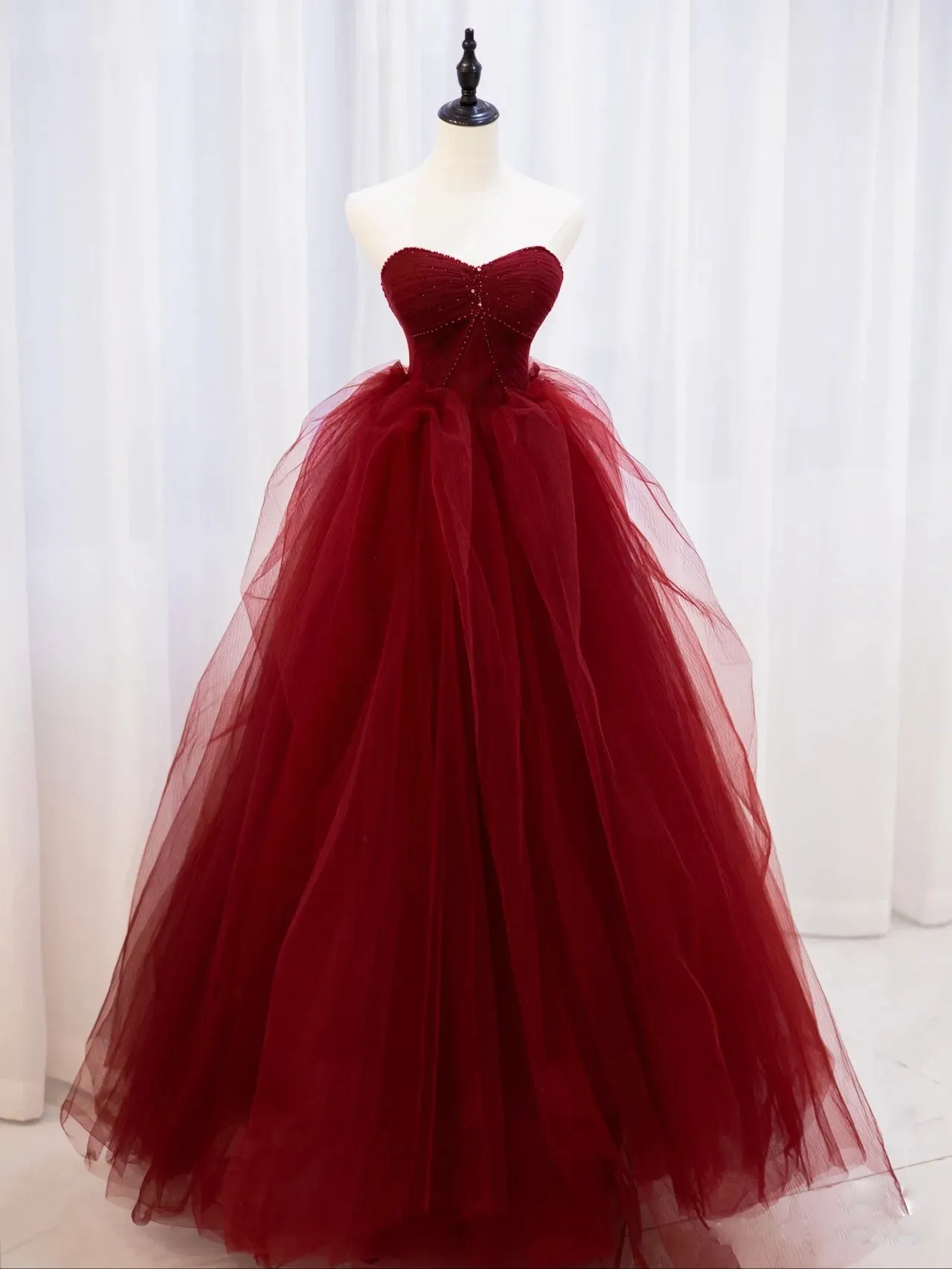 Burgundy Off Shoulder Tulle Lace Long Prom Dresses, Burgundy Formal Graduation Dresses