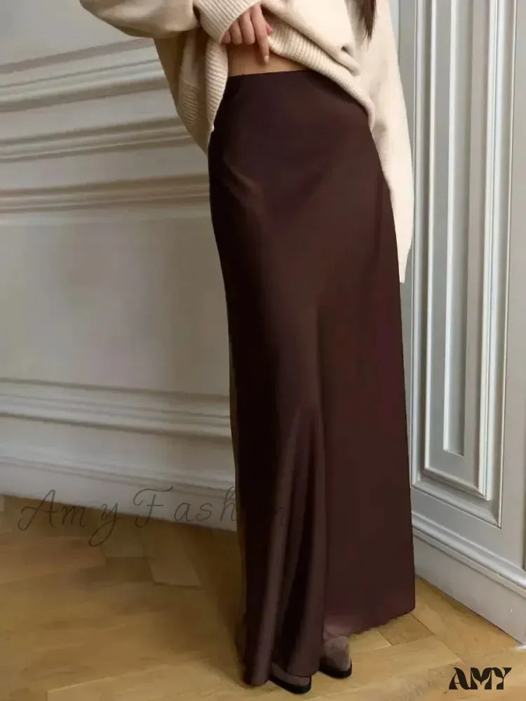 Casual Satin Loose High Waist Maxi Elegant Simple Silk Fishtail Skirt