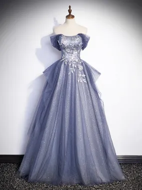 Charming Tulle Sequins A-Line Prom Dresses, Off the Shoulder Floor-Length Formal Dresses