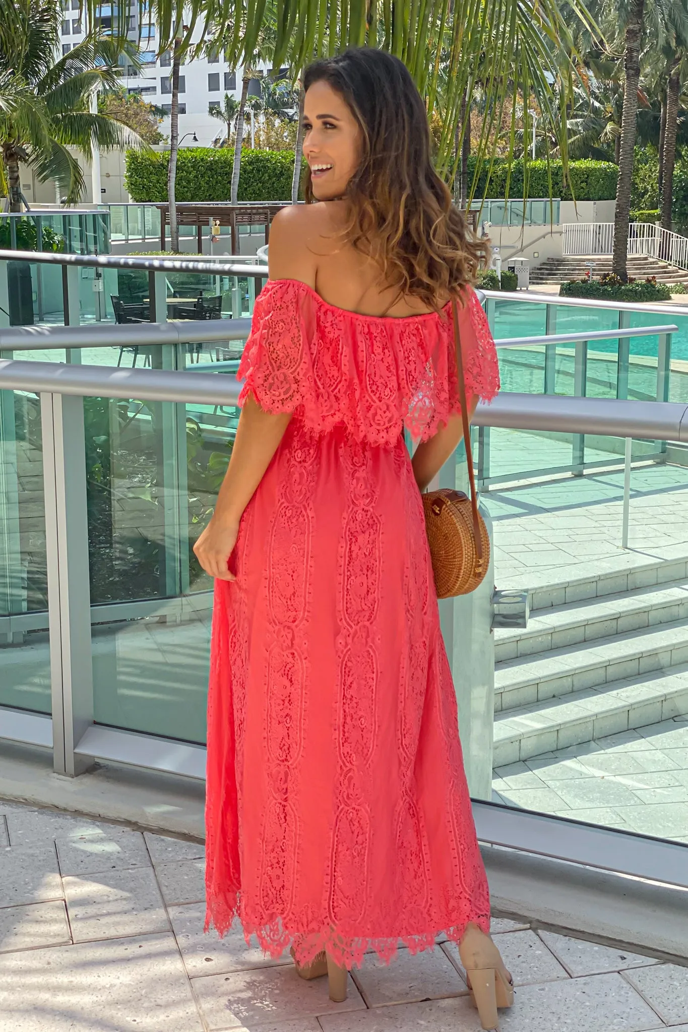 Coral Lace Off Shoulder Dress