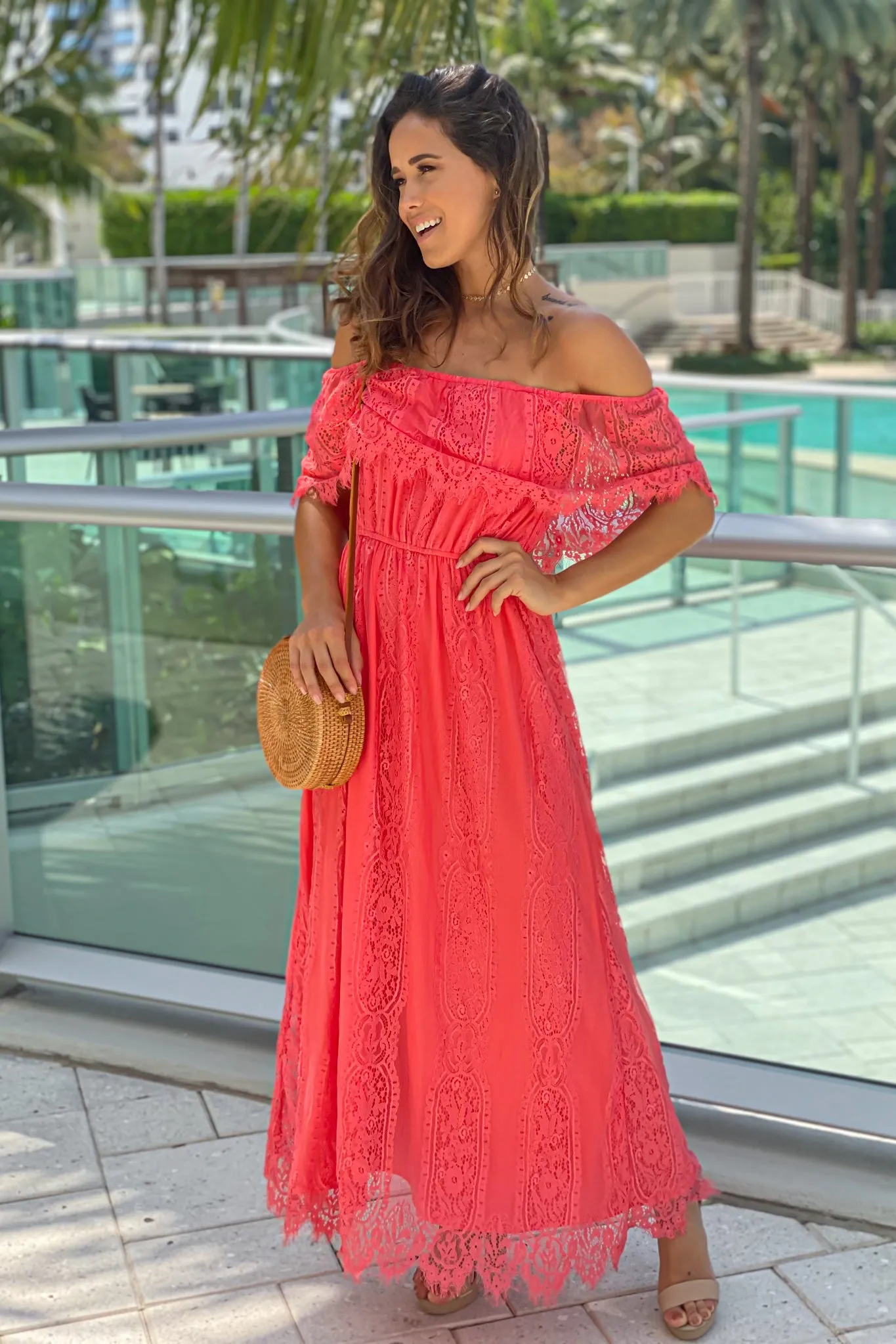 Coral Lace Off Shoulder Dress