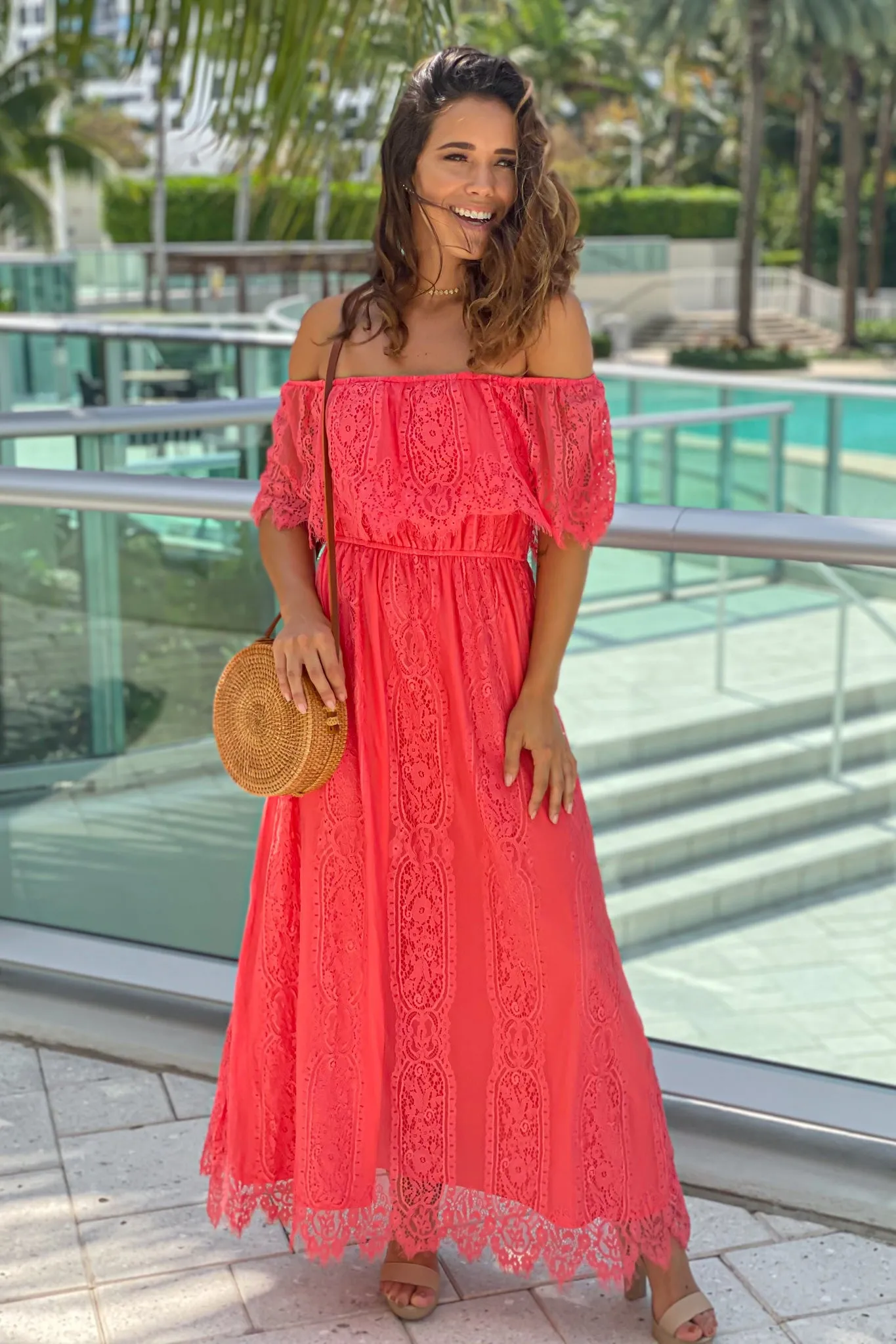 Coral Lace Off Shoulder Dress