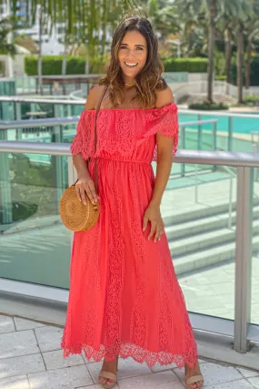 Coral Lace Off Shoulder Dress