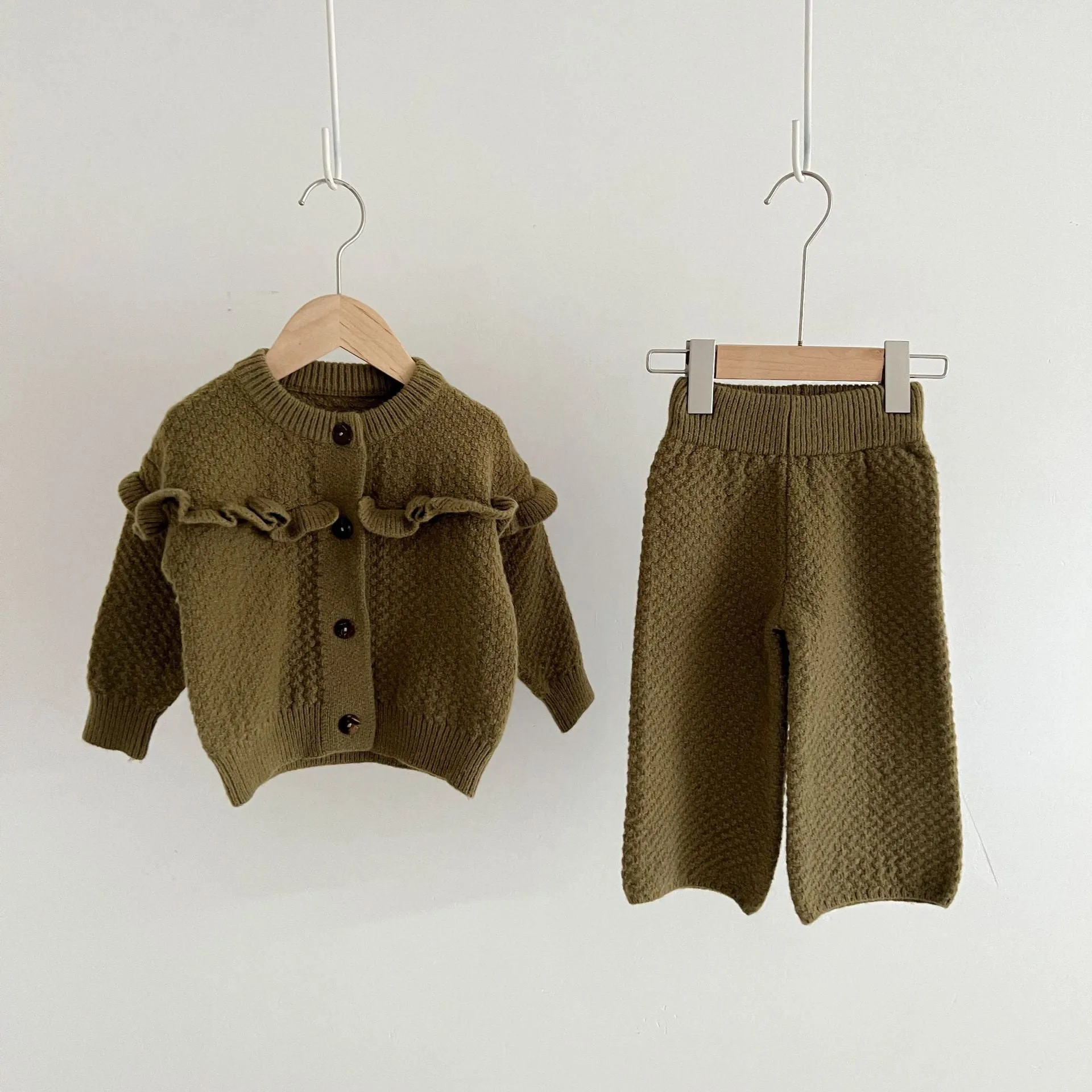 Cozy Brown Knit Ruffle Cardigan and Wide Leg Trousers Set for Girls