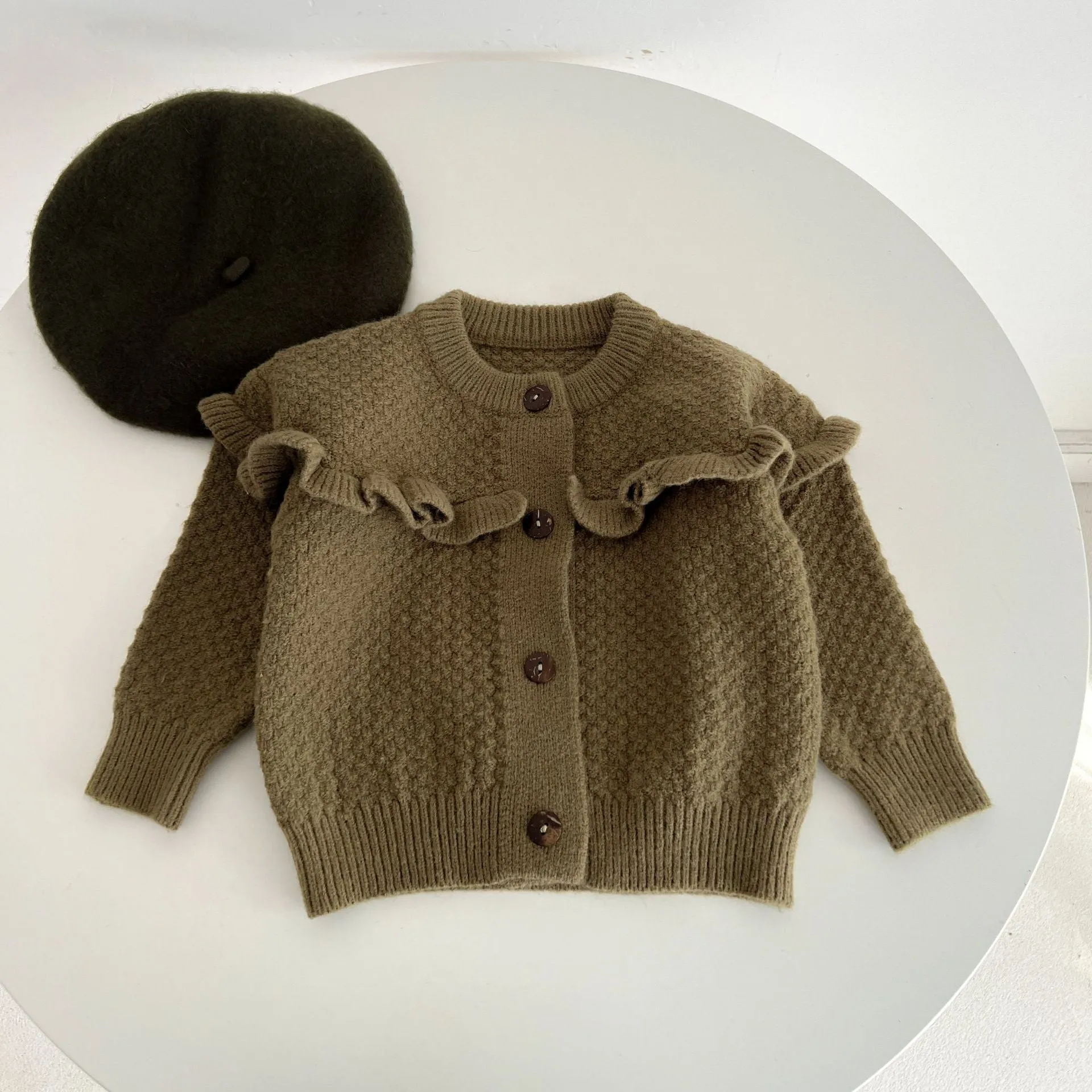 Cozy Brown Knit Ruffle Cardigan and Wide Leg Trousers Set for Girls