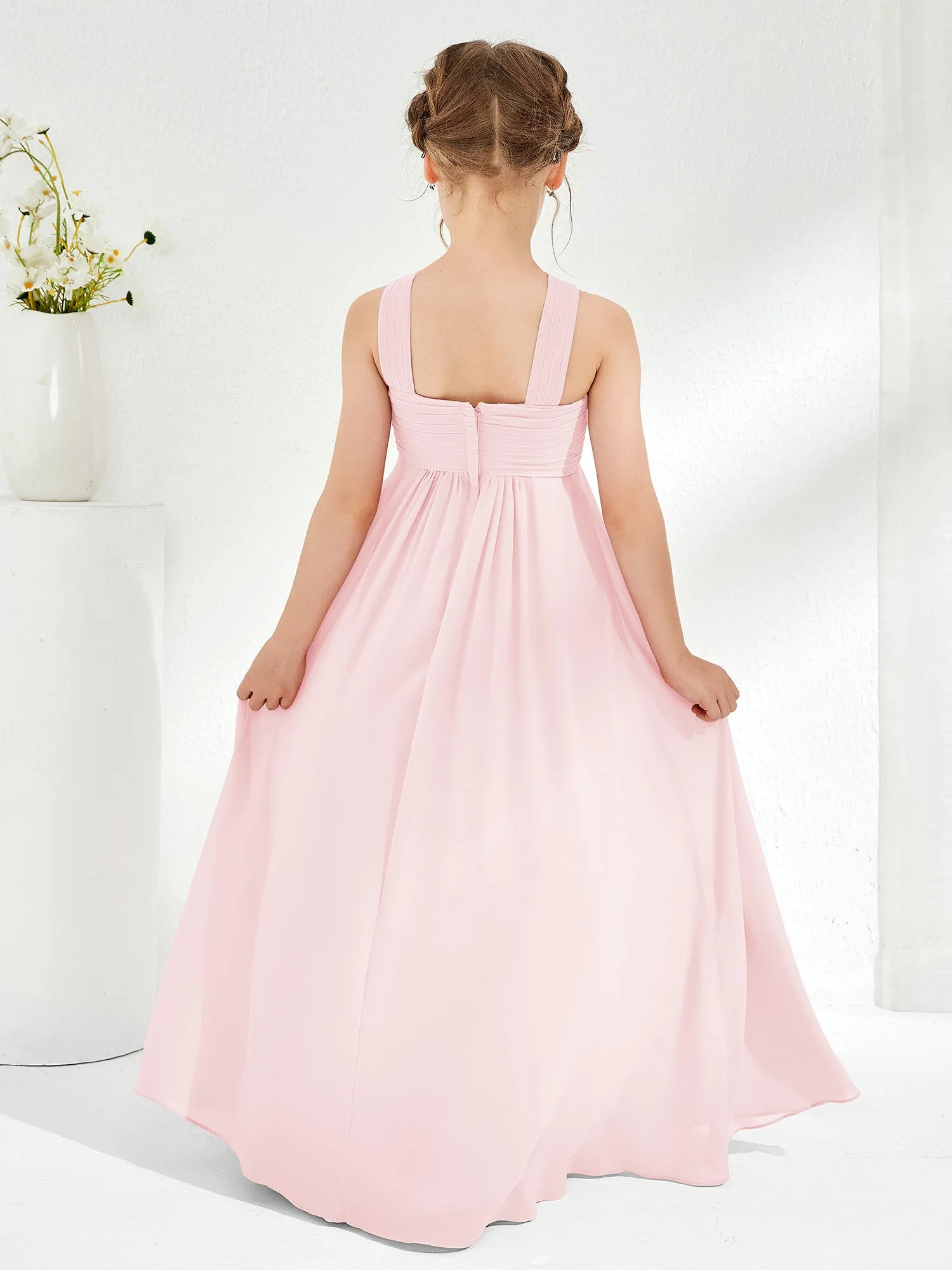 Cross Shoulder Strap Junior Bridesmaid Dresses with Empire Waist Blushing Pink