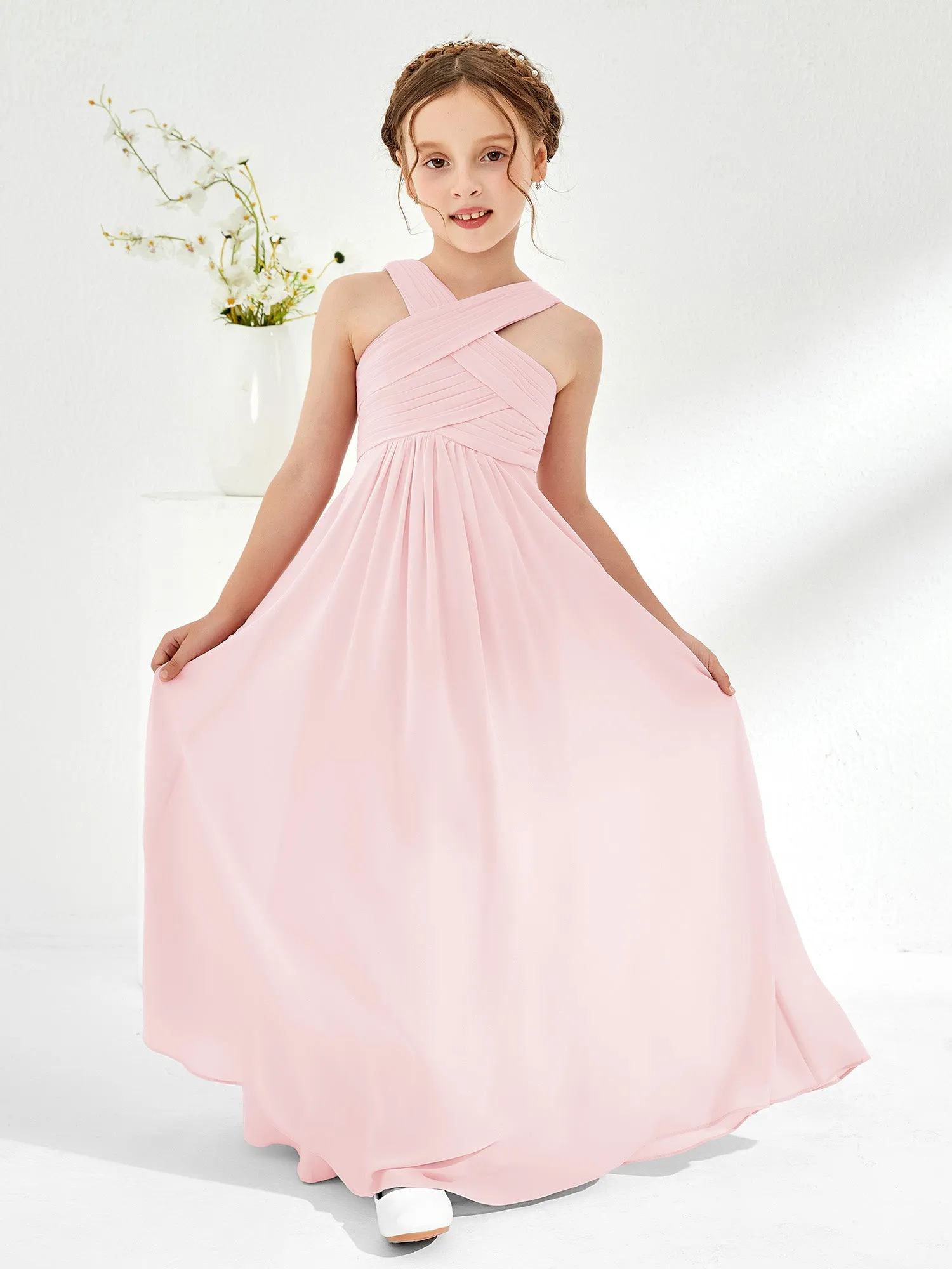 Cross Shoulder Strap Junior Bridesmaid Dresses with Empire Waist Blushing Pink