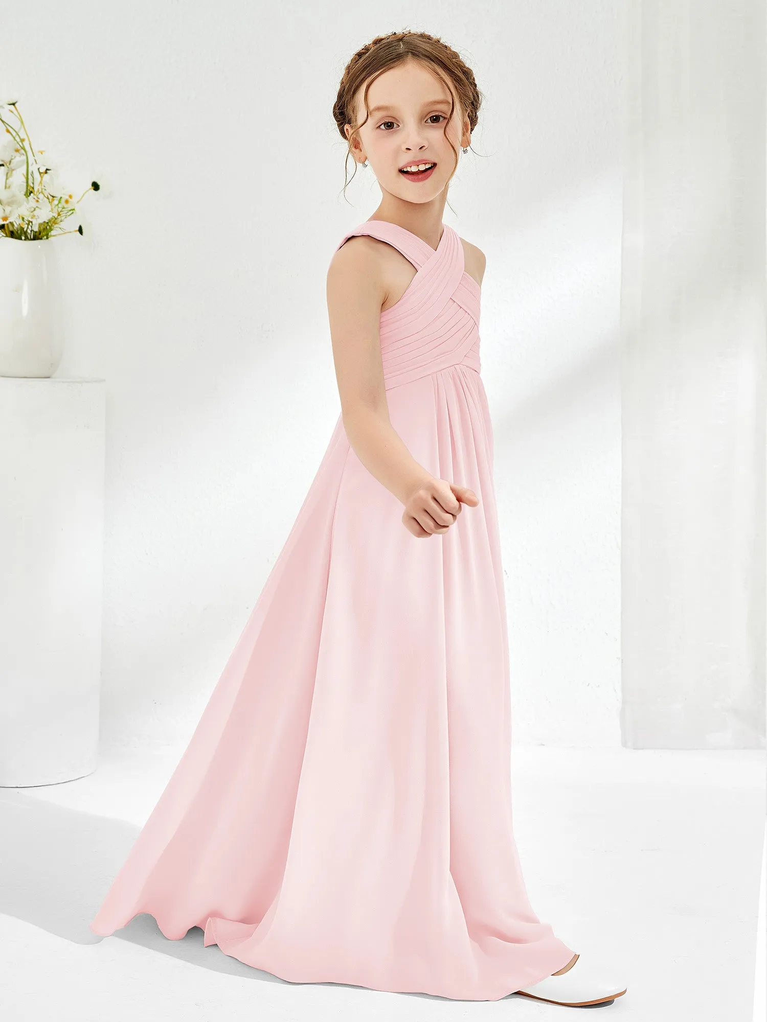 Cross Shoulder Strap Junior Bridesmaid Dresses with Empire Waist Blushing Pink