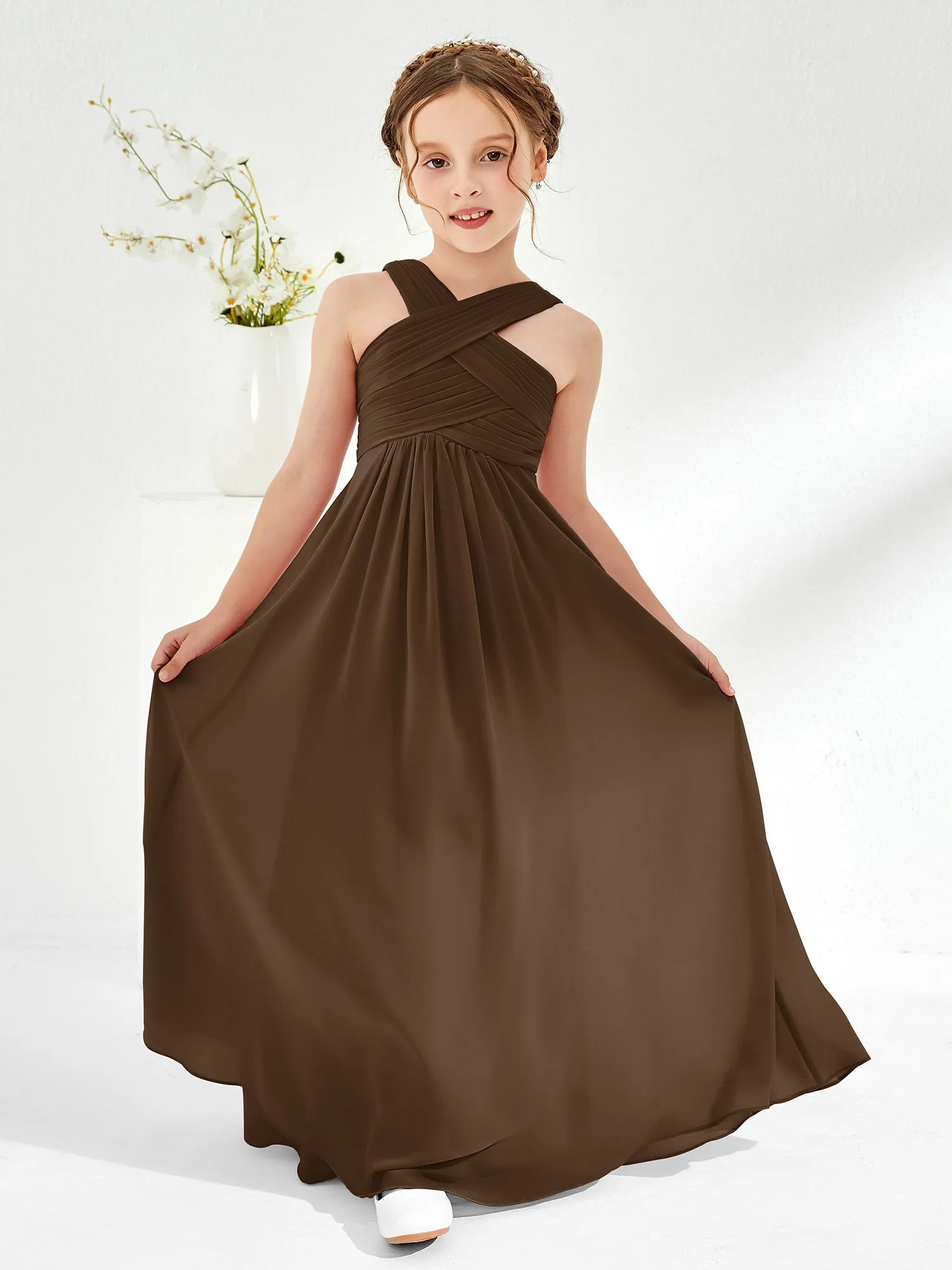 Cross Shoulder Strap Junior Bridesmaid Dresses with Empire Waist Brown