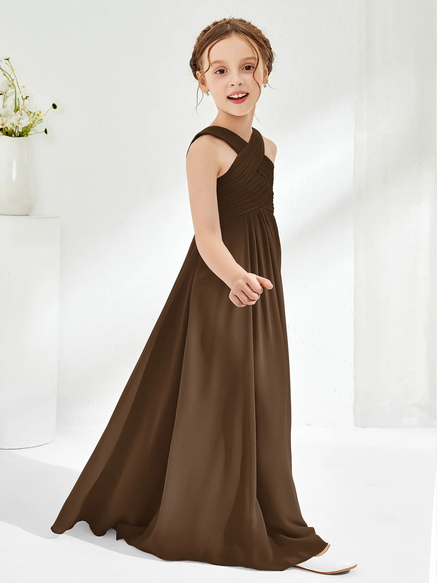 Cross Shoulder Strap Junior Bridesmaid Dresses with Empire Waist Brown