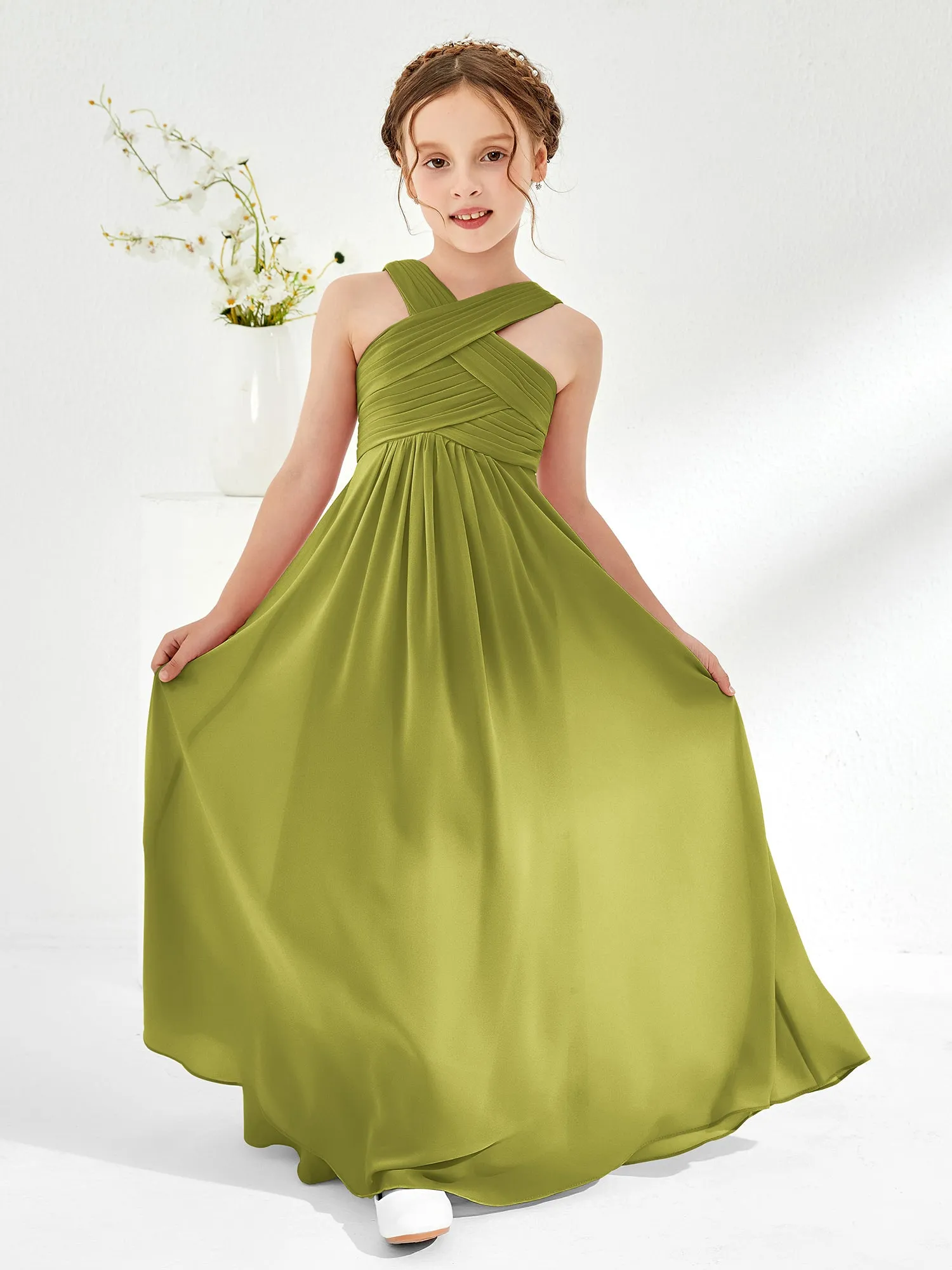 Cross Shoulder Strap Junior Bridesmaid Dresses with Empire Waist Clover