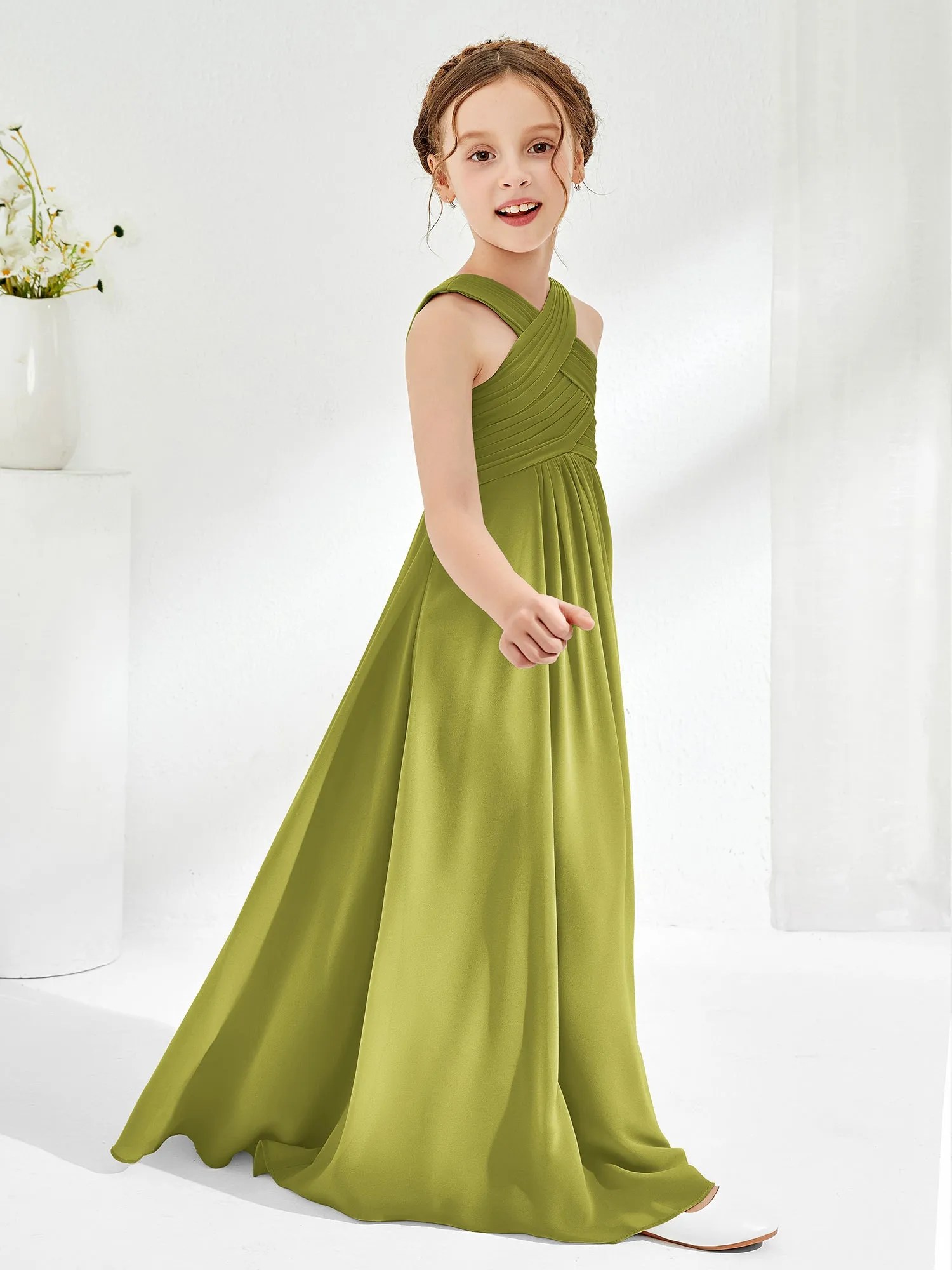 Cross Shoulder Strap Junior Bridesmaid Dresses with Empire Waist Clover