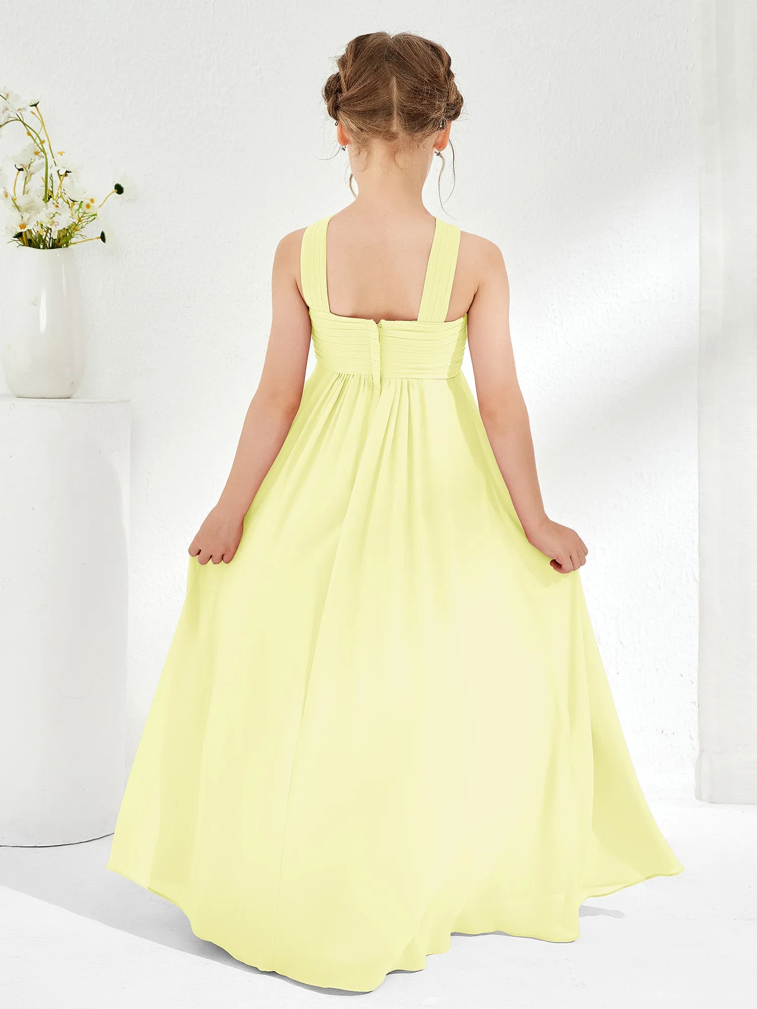 Cross Shoulder Strap Junior Bridesmaid Dresses with Empire Waist Daffodil