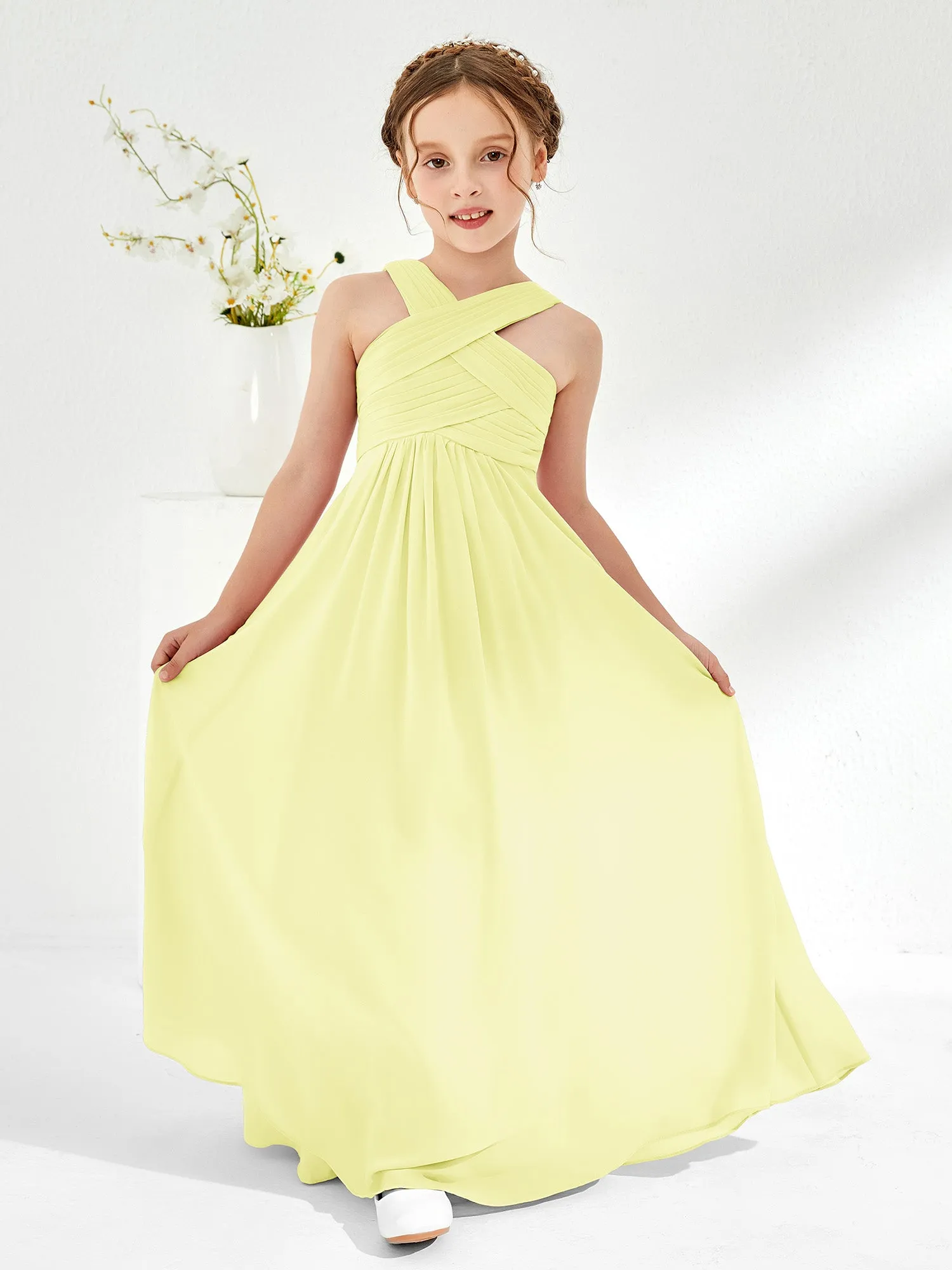 Cross Shoulder Strap Junior Bridesmaid Dresses with Empire Waist Daffodil