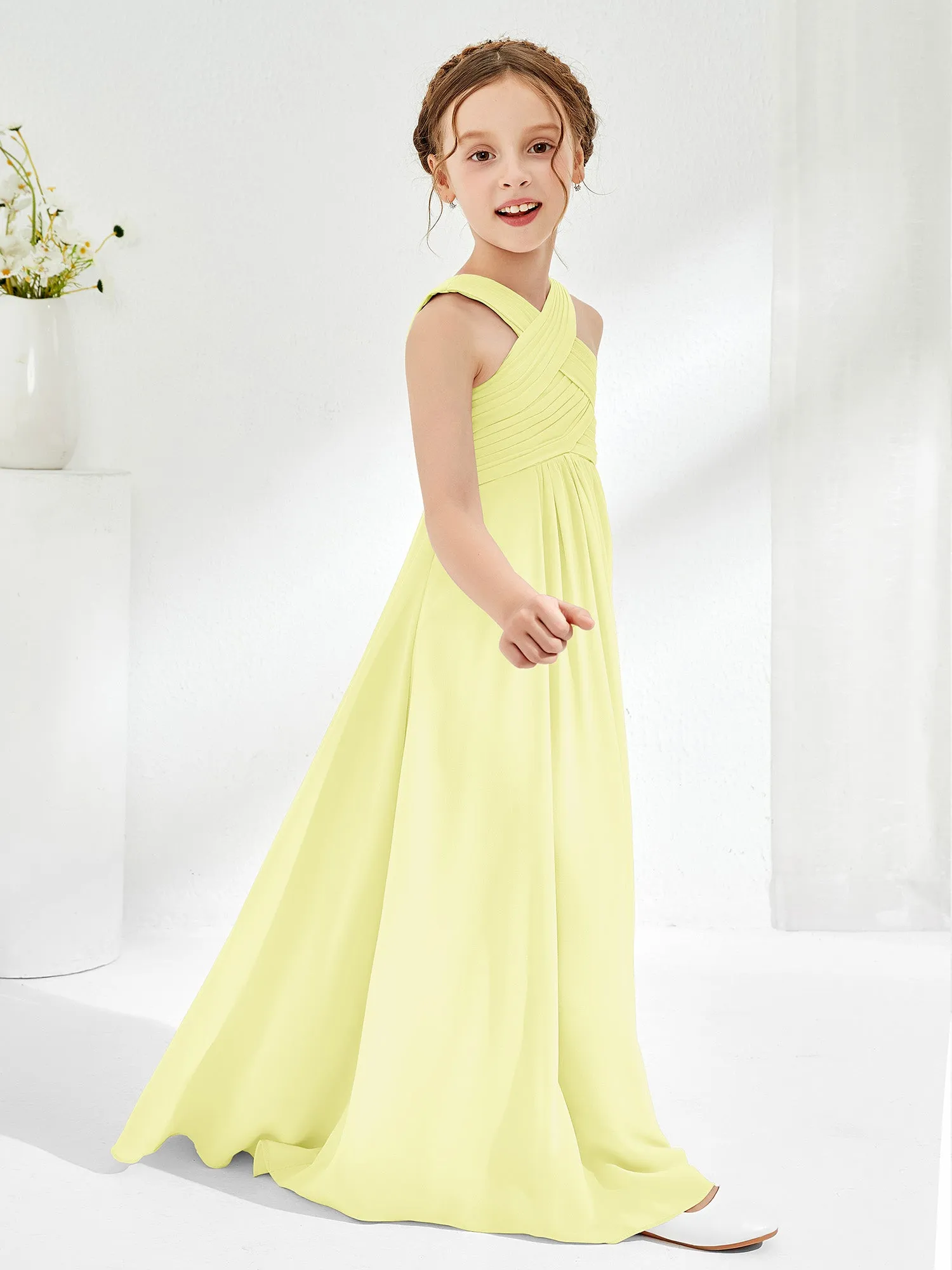 Cross Shoulder Strap Junior Bridesmaid Dresses with Empire Waist Daffodil