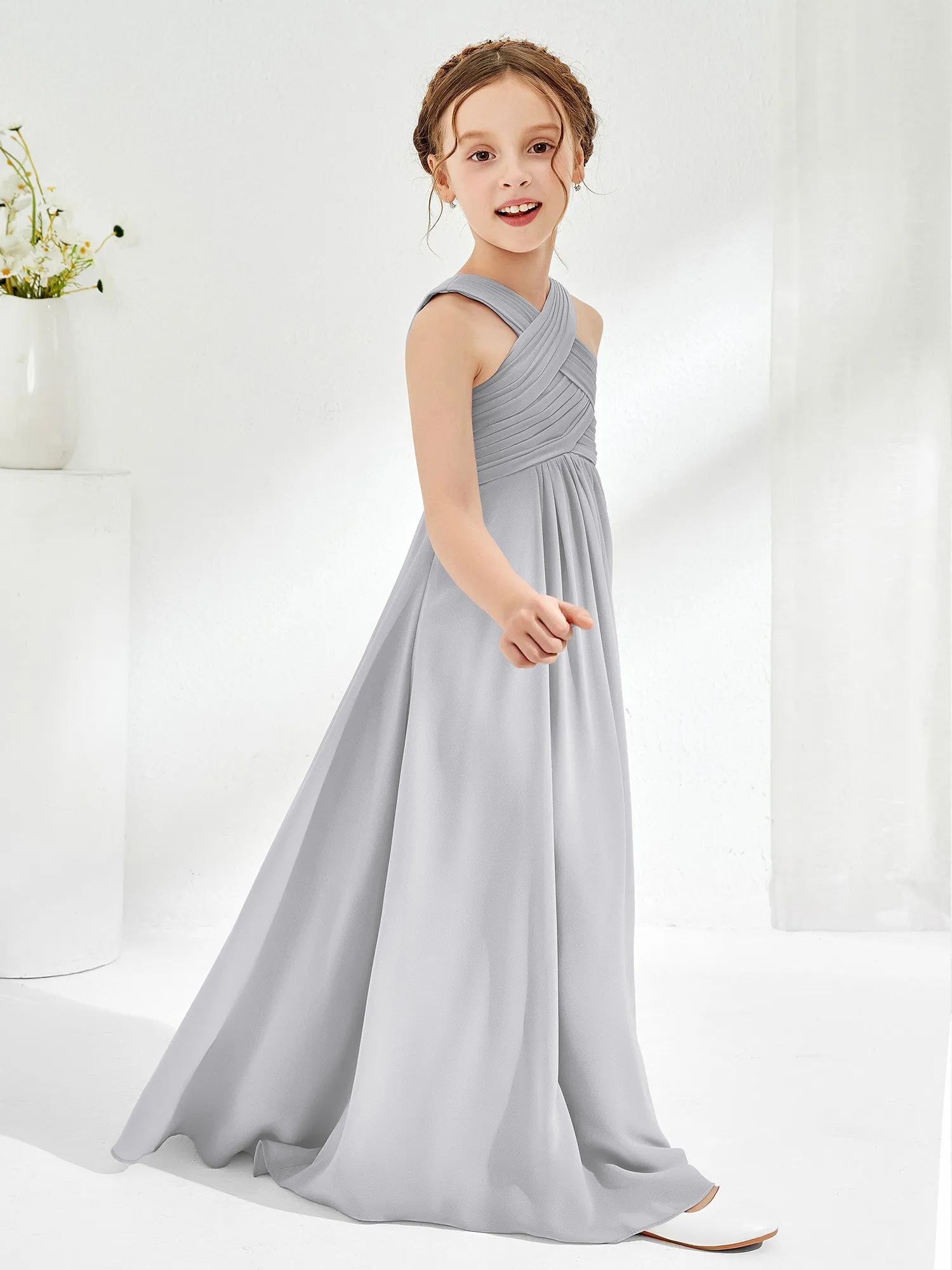 Cross Shoulder Strap Junior Bridesmaid Dresses with Empire Waist Silver