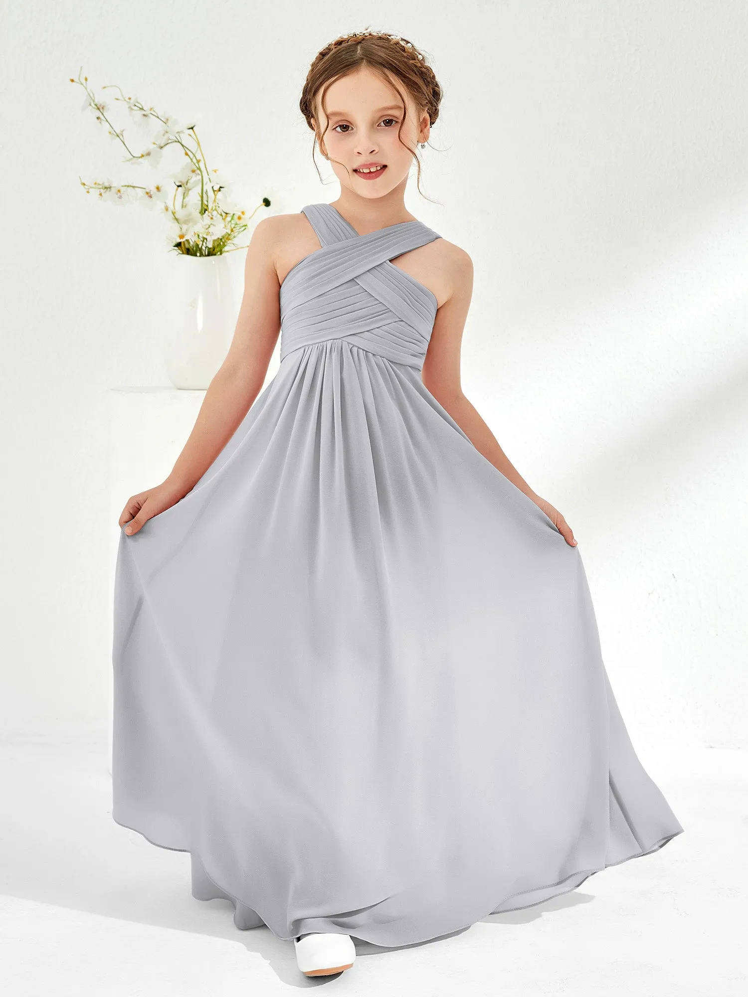 Cross Shoulder Strap Junior Bridesmaid Dresses with Empire Waist Silver