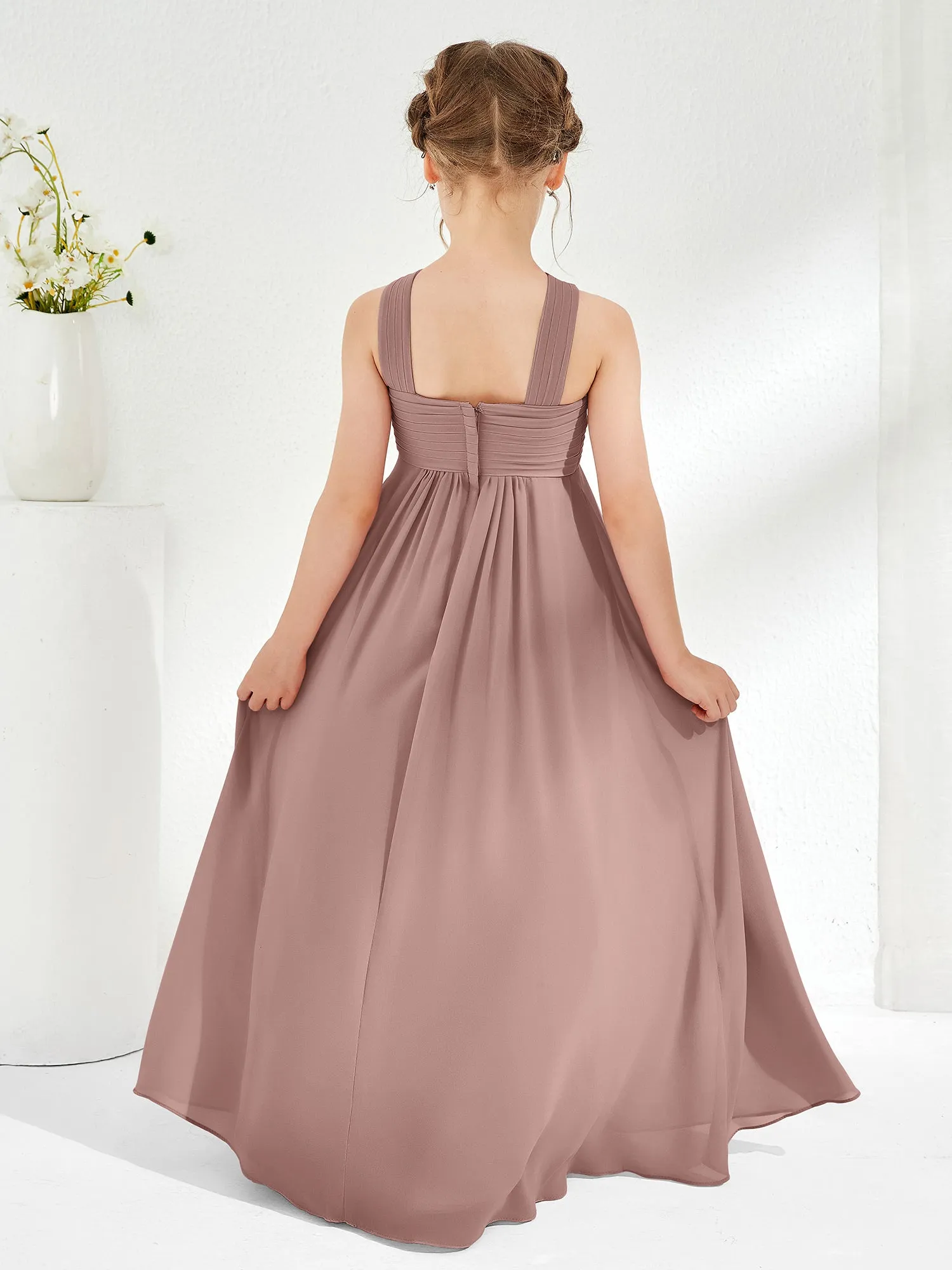 Cross Shoulder Strap Junior Bridesmaid Dresses with Empire Waist Vintage Mauve