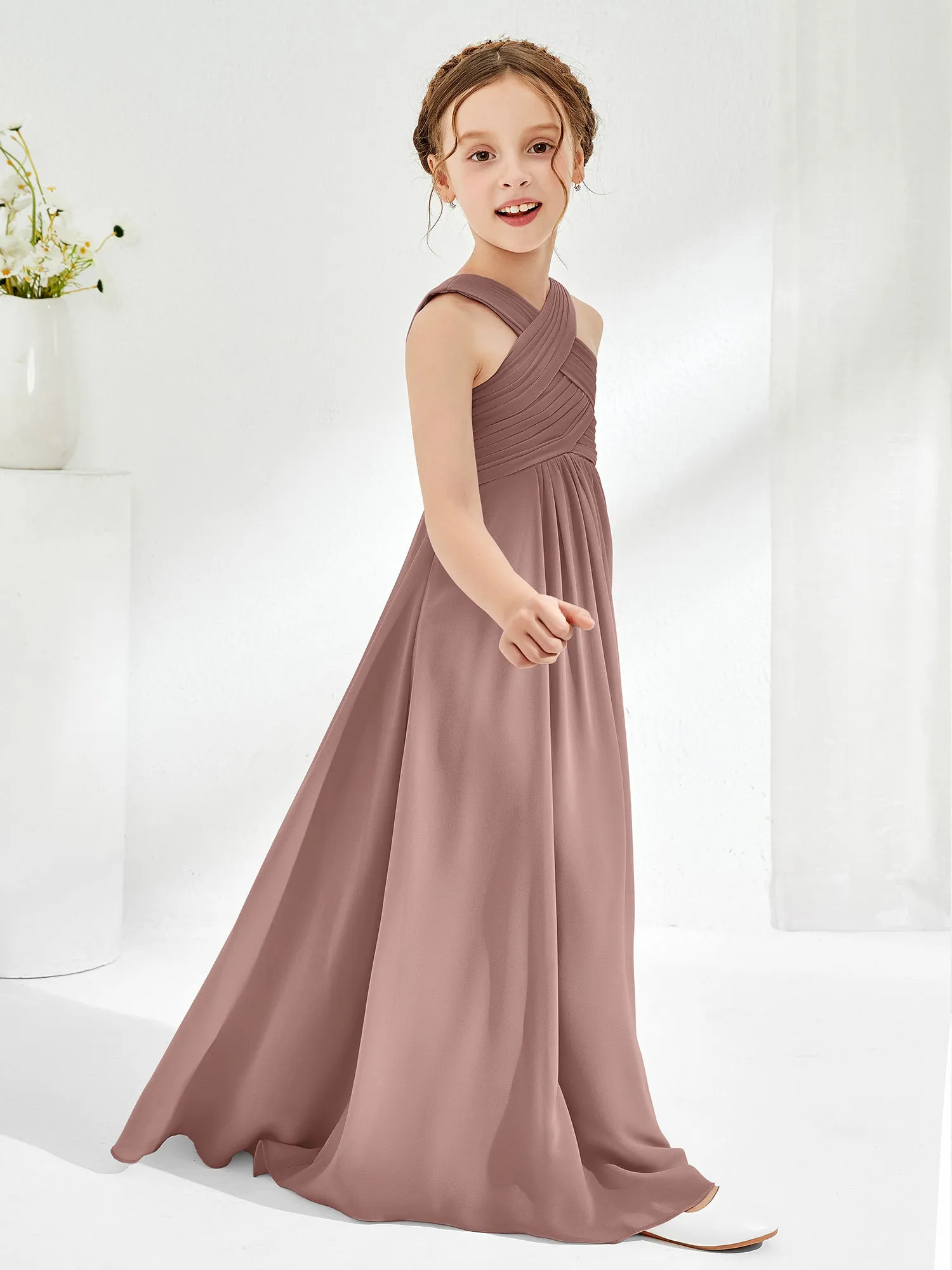 Cross Shoulder Strap Junior Bridesmaid Dresses with Empire Waist Vintage Mauve