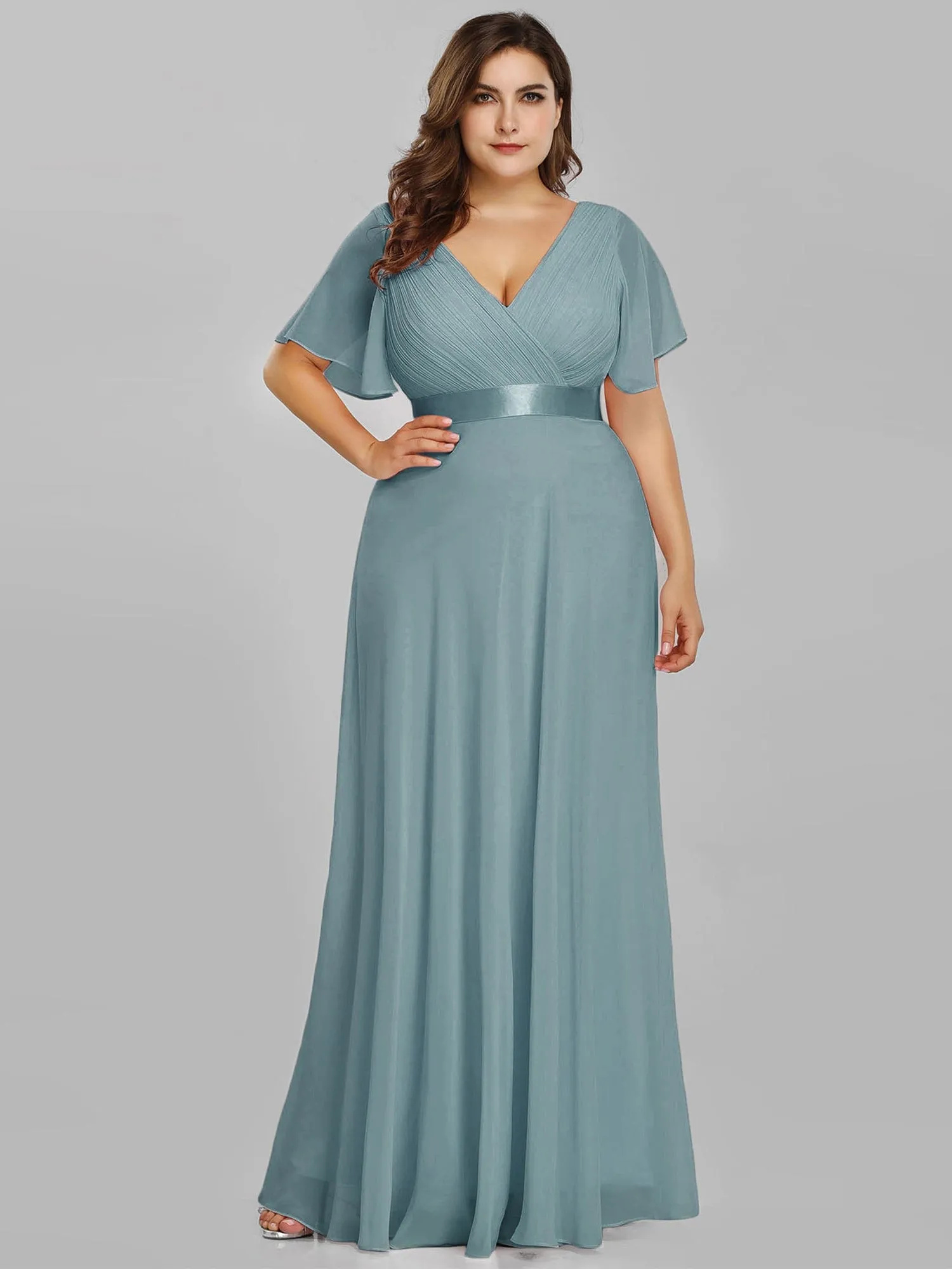 Custom Size Flutter Sleeves Chiffon Empire Waist Bridesmaid Dress