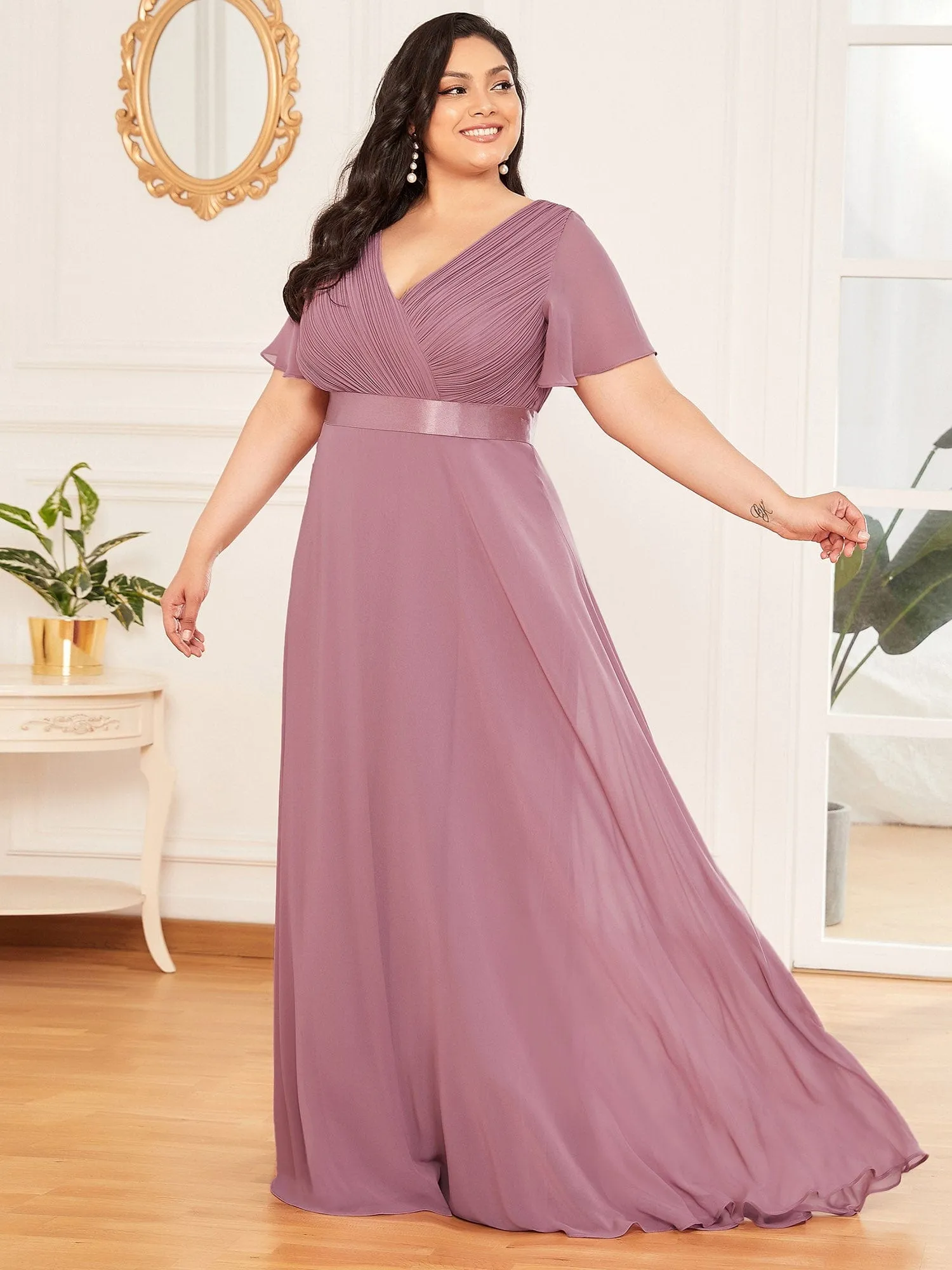 Custom Size Flutter Sleeves Chiffon Empire Waist Bridesmaid Dress