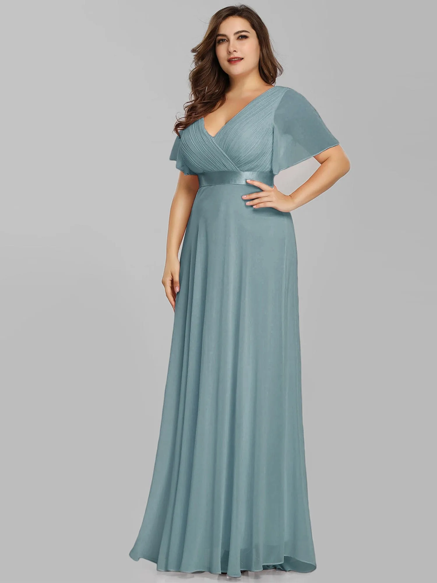 Custom Size Flutter Sleeves Chiffon Empire Waist Bridesmaid Dress