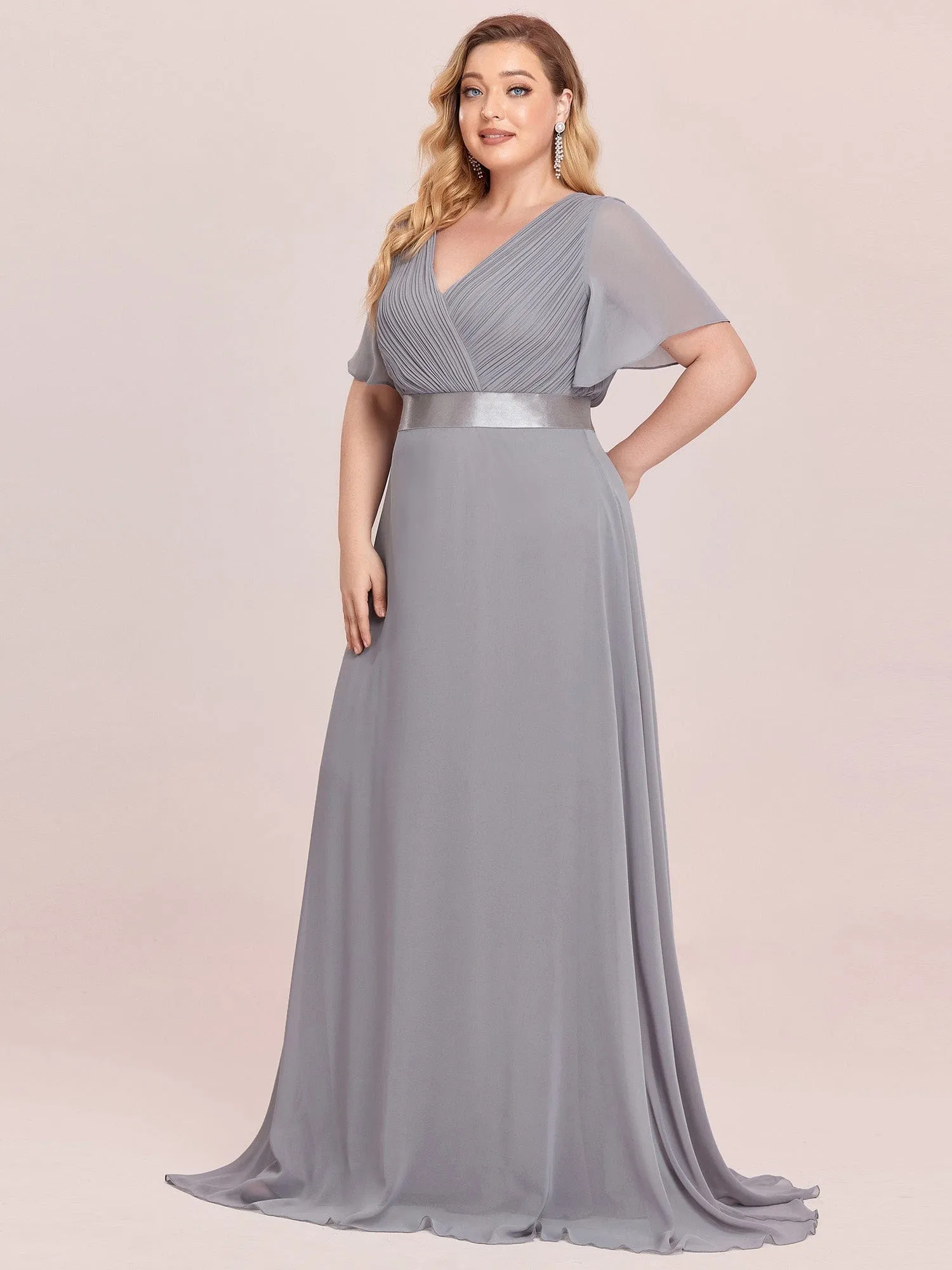 Custom Size Flutter Sleeves Chiffon Empire Waist Bridesmaid Dress