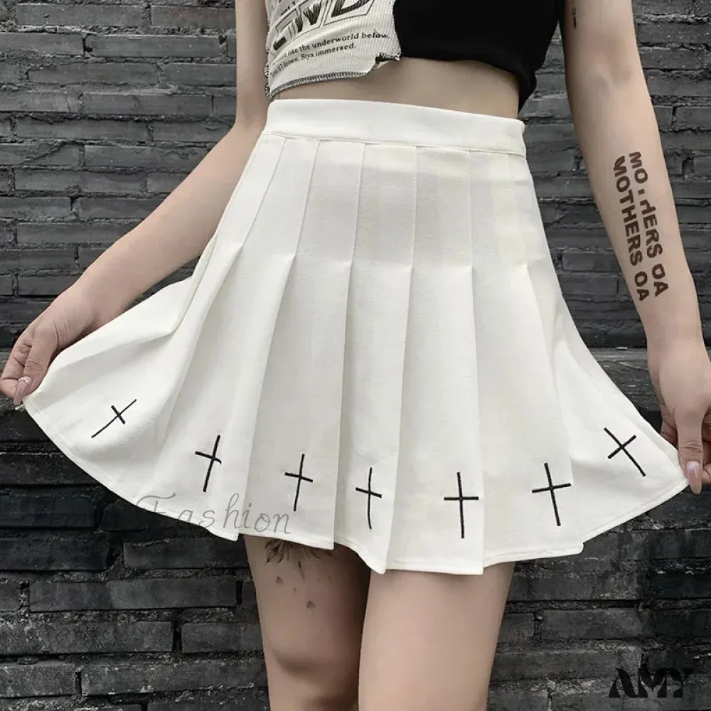 Dark Cross Pattern Style Women's Gothic High Mini Skirt Mini Ladies Waist Pleated