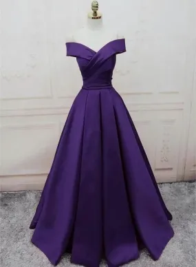 Dark Purple Off Shoulder Satin Long Formal Gown Prom Dresses