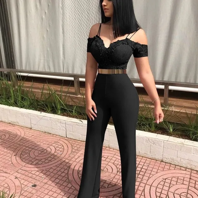 elegant backless off shoulder jumpsuit.