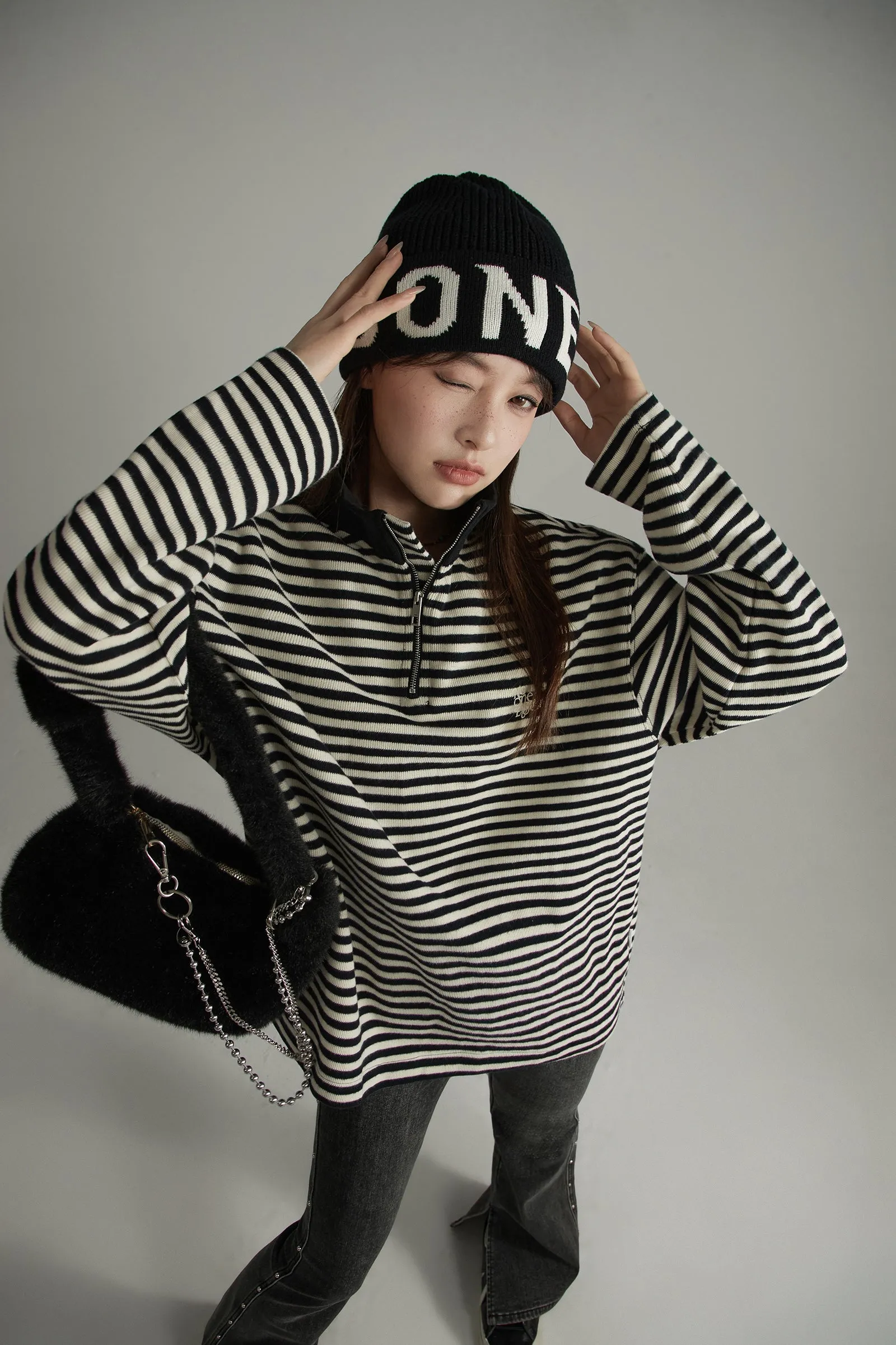 High Neck Stripe Zip-Up Sweatshirt