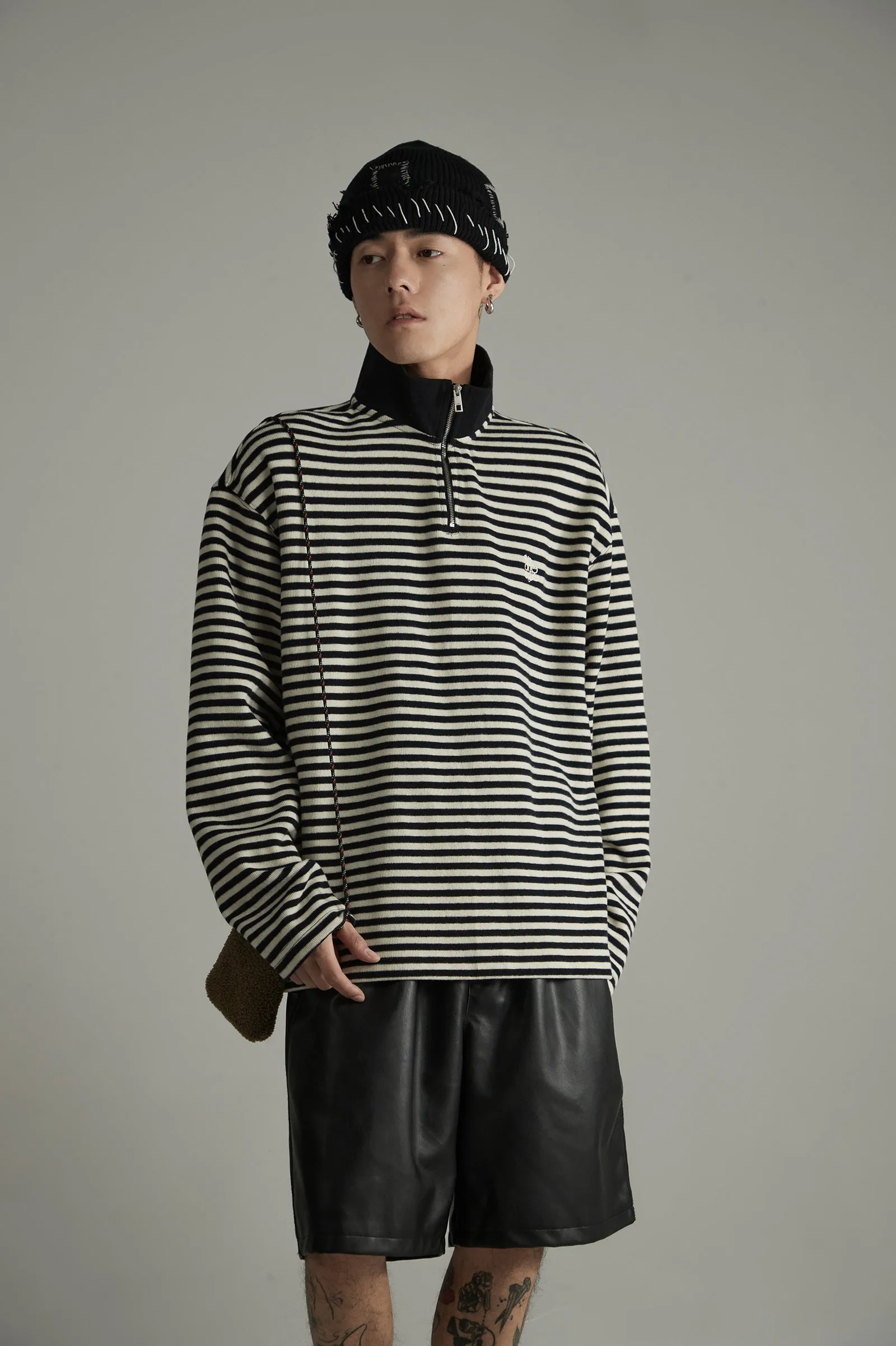 High Neck Stripe Zip-Up Sweatshirt