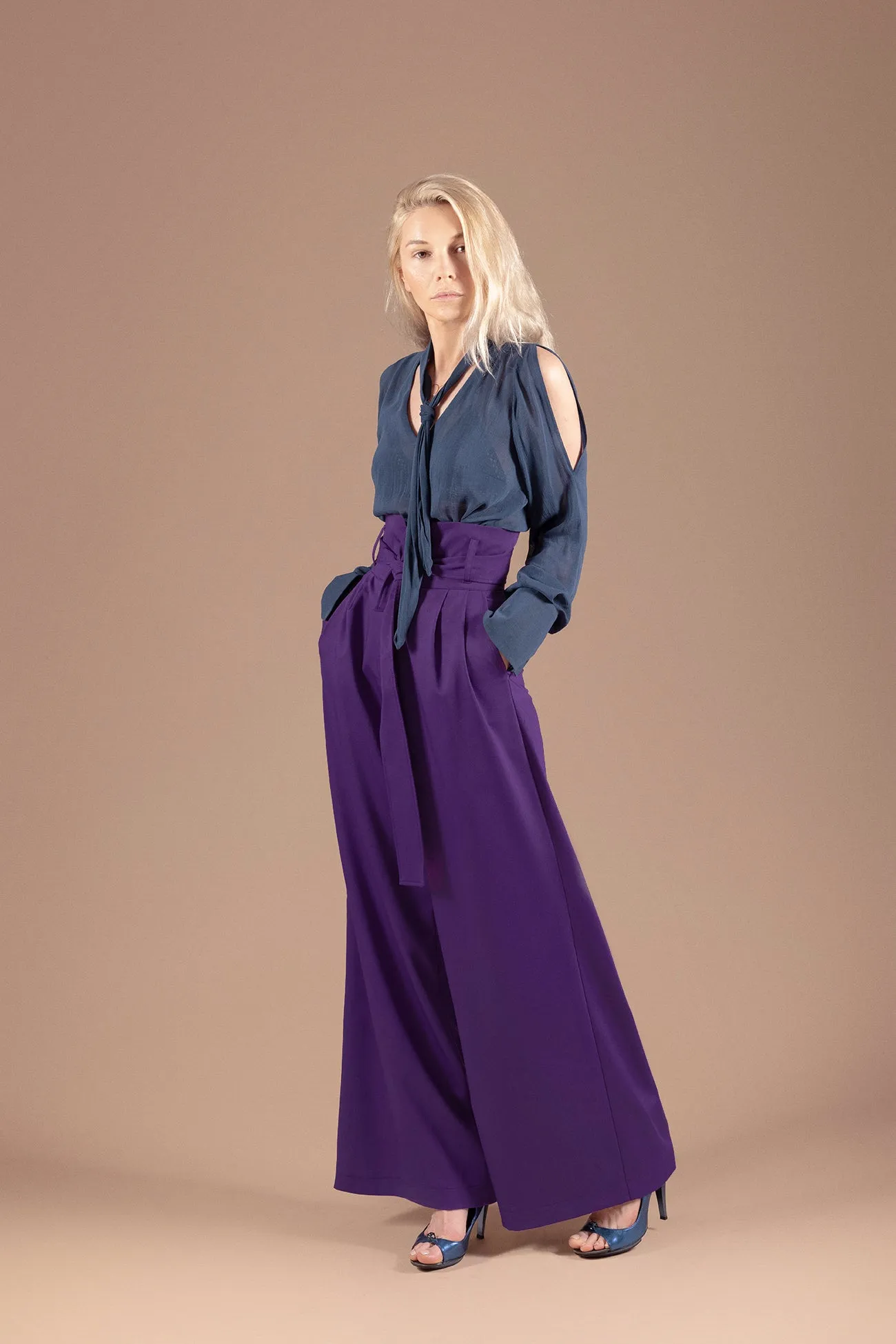 High Waist Long Wide Leg Trousers Pink-Purple