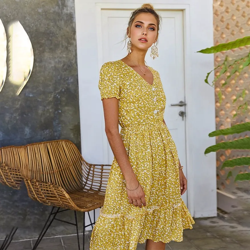 Julia Fashion - Yellow Casual Ladies Floral Print Dresses