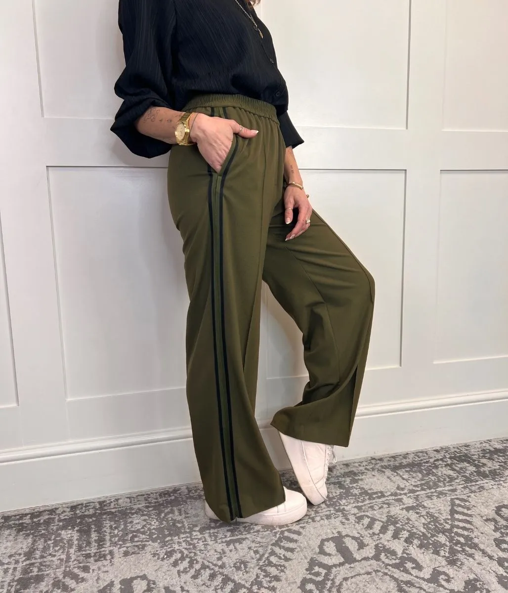 Khaki Side Stripe Wide Leg Trousers