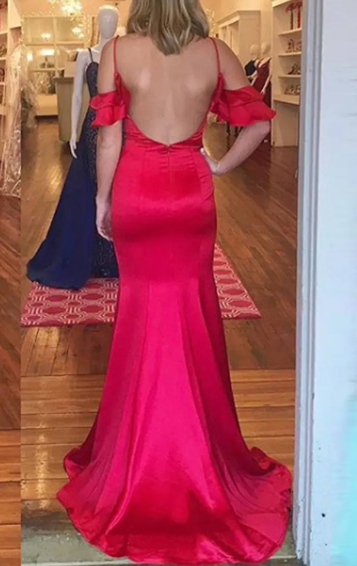 MACloth Sheath Off the Shoulder Satin Prom Dress Red Formal Evening Gown