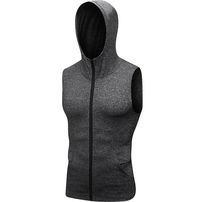 Mens Hooded Sleeveless Running Jackets Boy Sports Vest With Pocket Zip Fitness Gym Quick Dry Workout Tops Wear