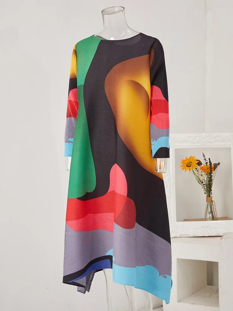 Miyake Pleated Contrast Print Midi Dress