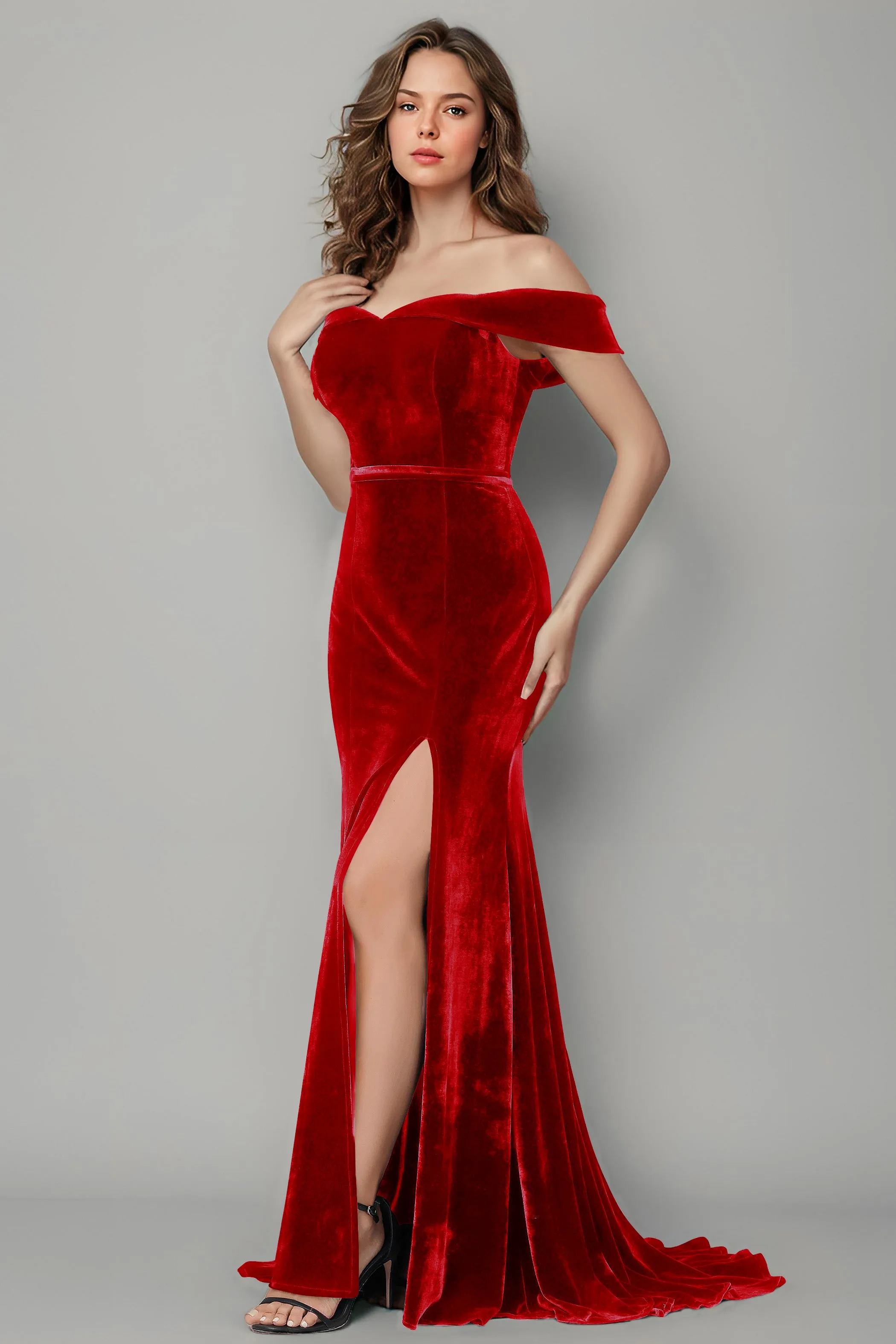 New Arrival Off the Shoulder Mermaid Velvet Bridesmaid Dresses with Slit